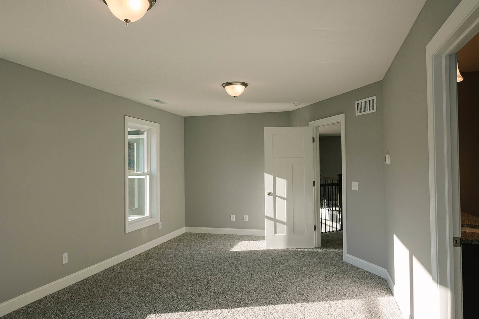 Carpeted room with white walls, white door featuring a silver handle, large window letting in natural light, ceiling light fixture, and crown molding along the ceiling.