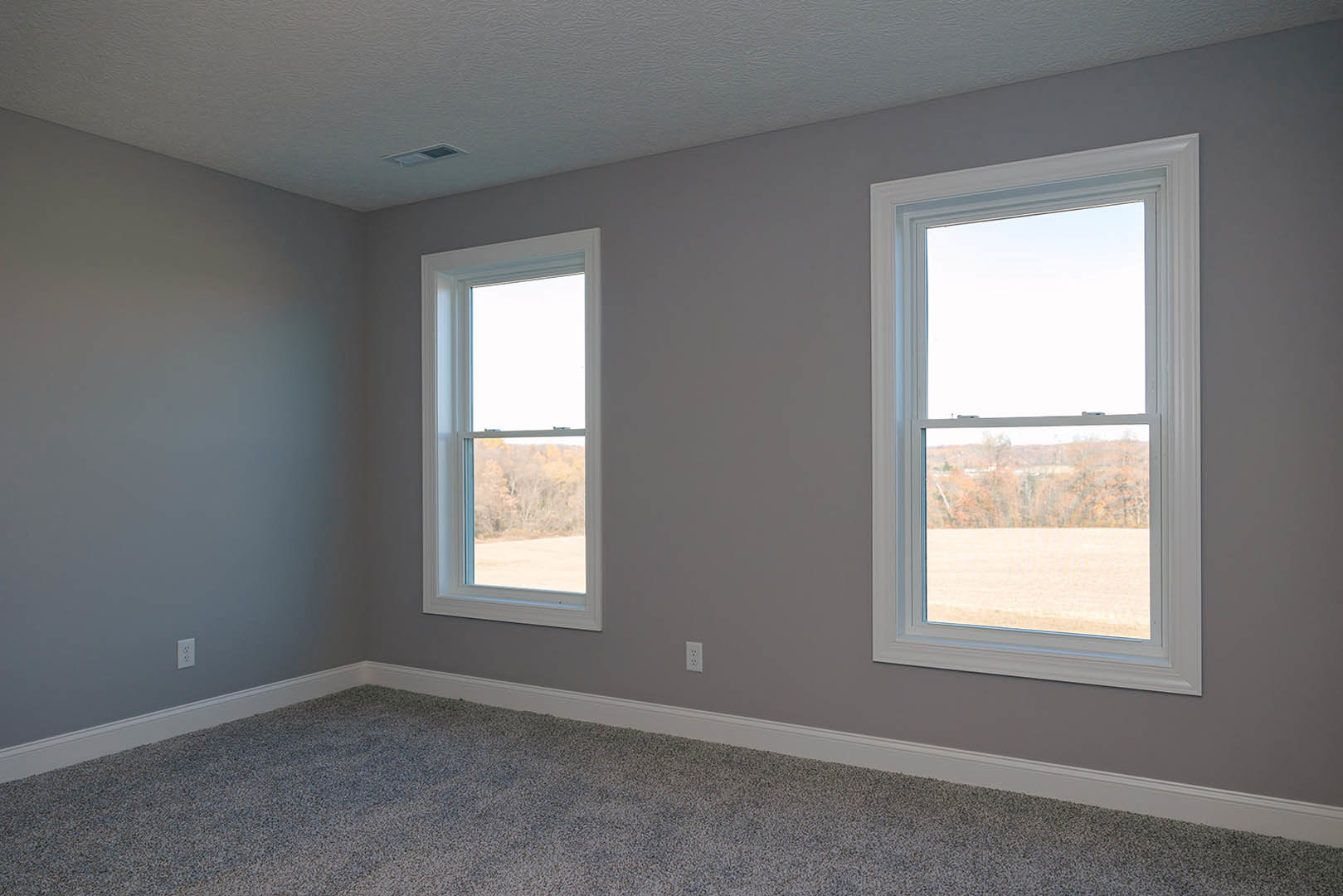 Carpeted room featuring two large windows with views of green trees and grass, white rippled ceiling, plaster walls, and window blinds.