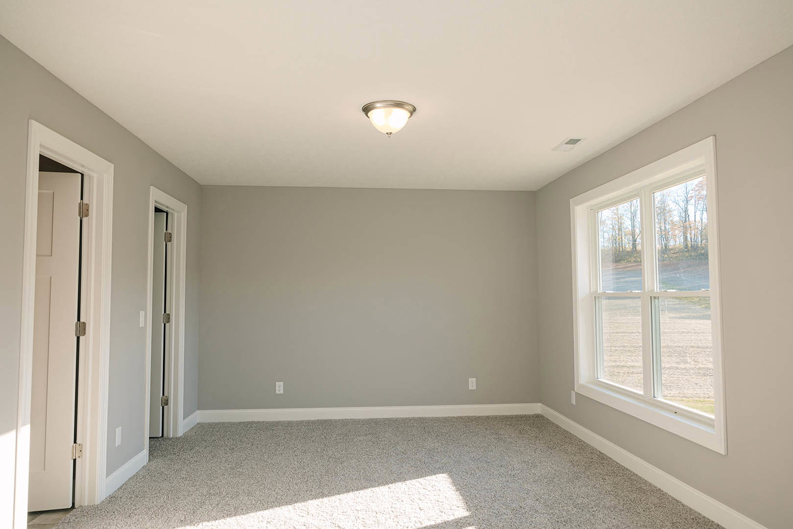 Neutral-toned room with two large windows, round ceiling light fixture, white plaster walls, carpeted floor, and paneled door with visible hinge.