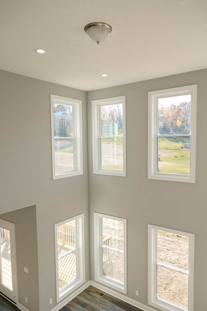 Spacious room featuring multiple large windows with white frames, views of green trees and grass outside, light fixture on white plaster ceiling, neutral walls, and hardwood