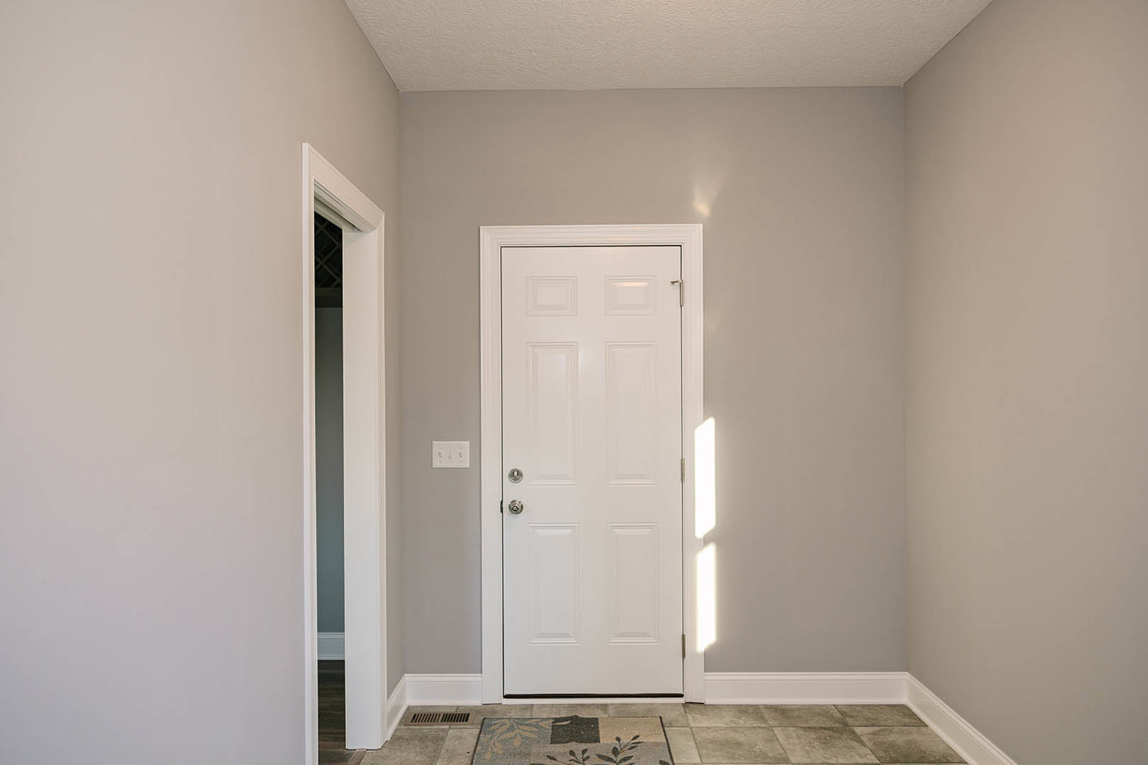 White paneled door with silver handle set in a plaster wall, white light switch nearby, hardwood flooring, ceiling molding, and soft natural light casting building shadow across