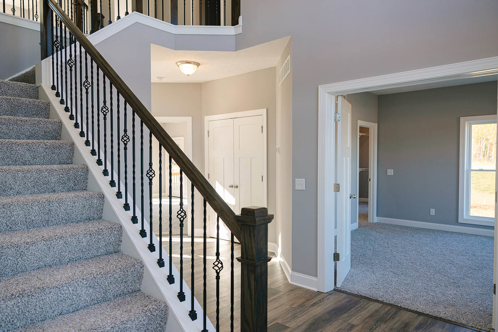 Carpeted staircase with wooden handrail and balusters, white double doors with silver handles, ceiling light fixture, window overlooking open field