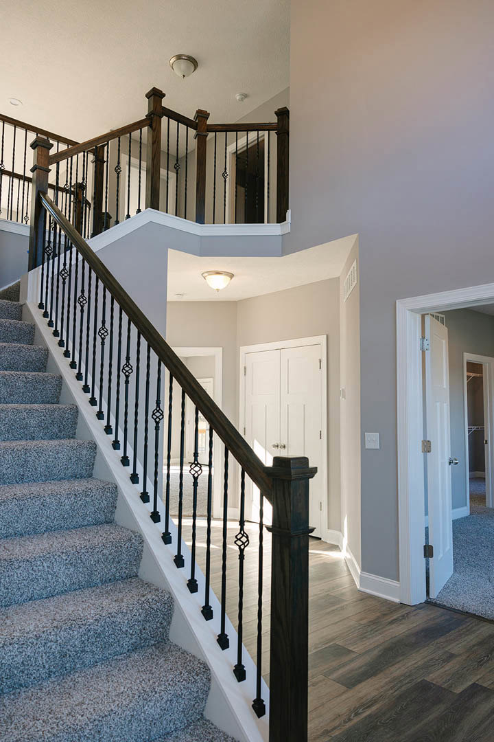 Carpeted staircase with black metal railing, wood flooring, and white door in a residential interior