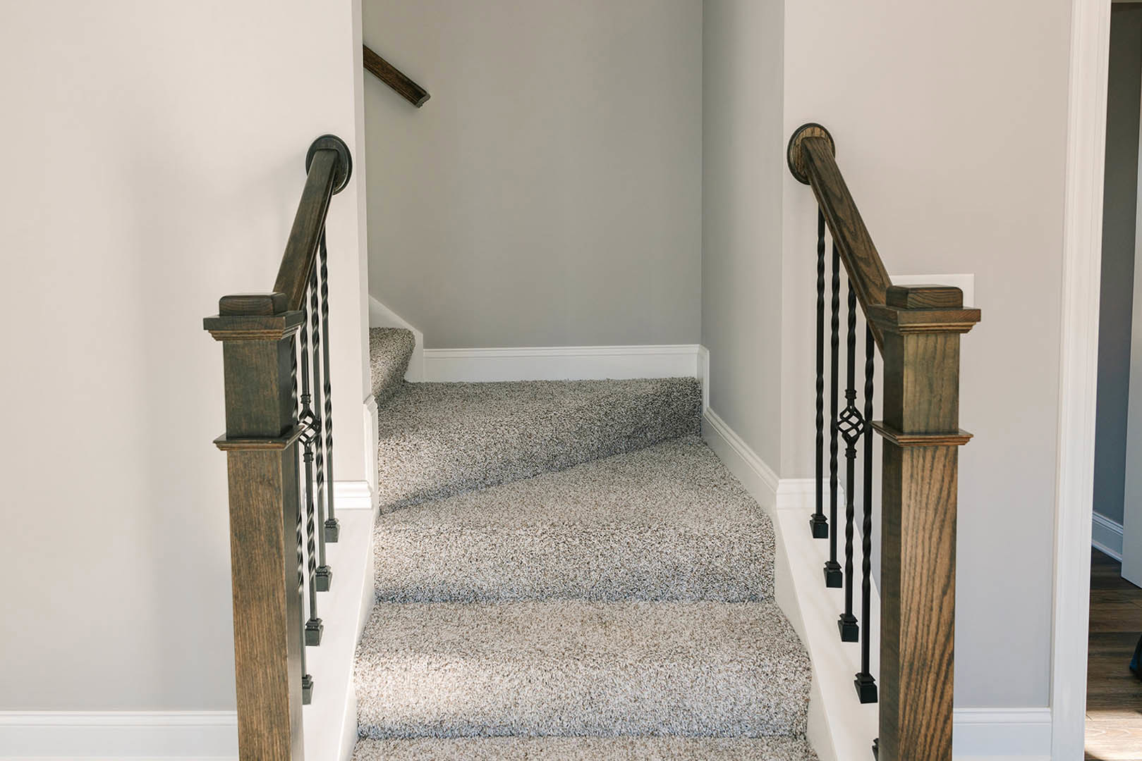 Carpeted staircase with wooden handrail and baluster, plaster walls, and wood flooring in a residential interior
