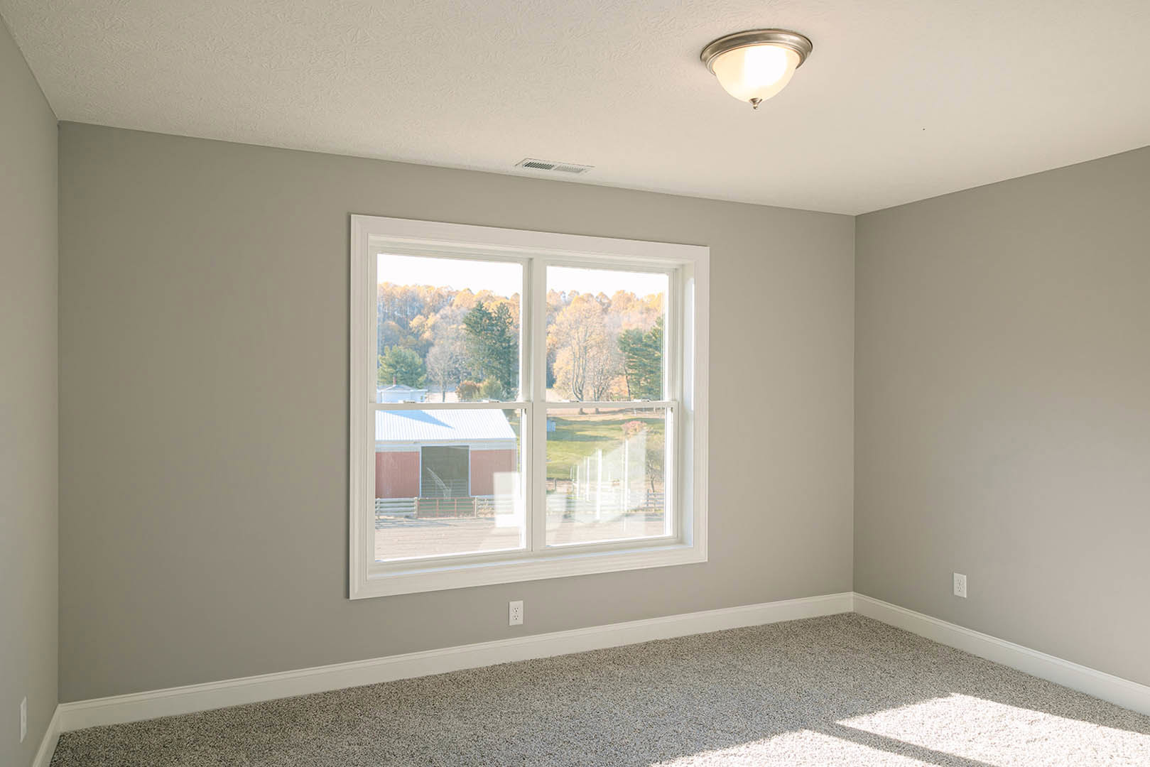 Carpeted room with white walls, large window overlooking farmland and trees, ceiling light fixture, open door leading to adjacent space