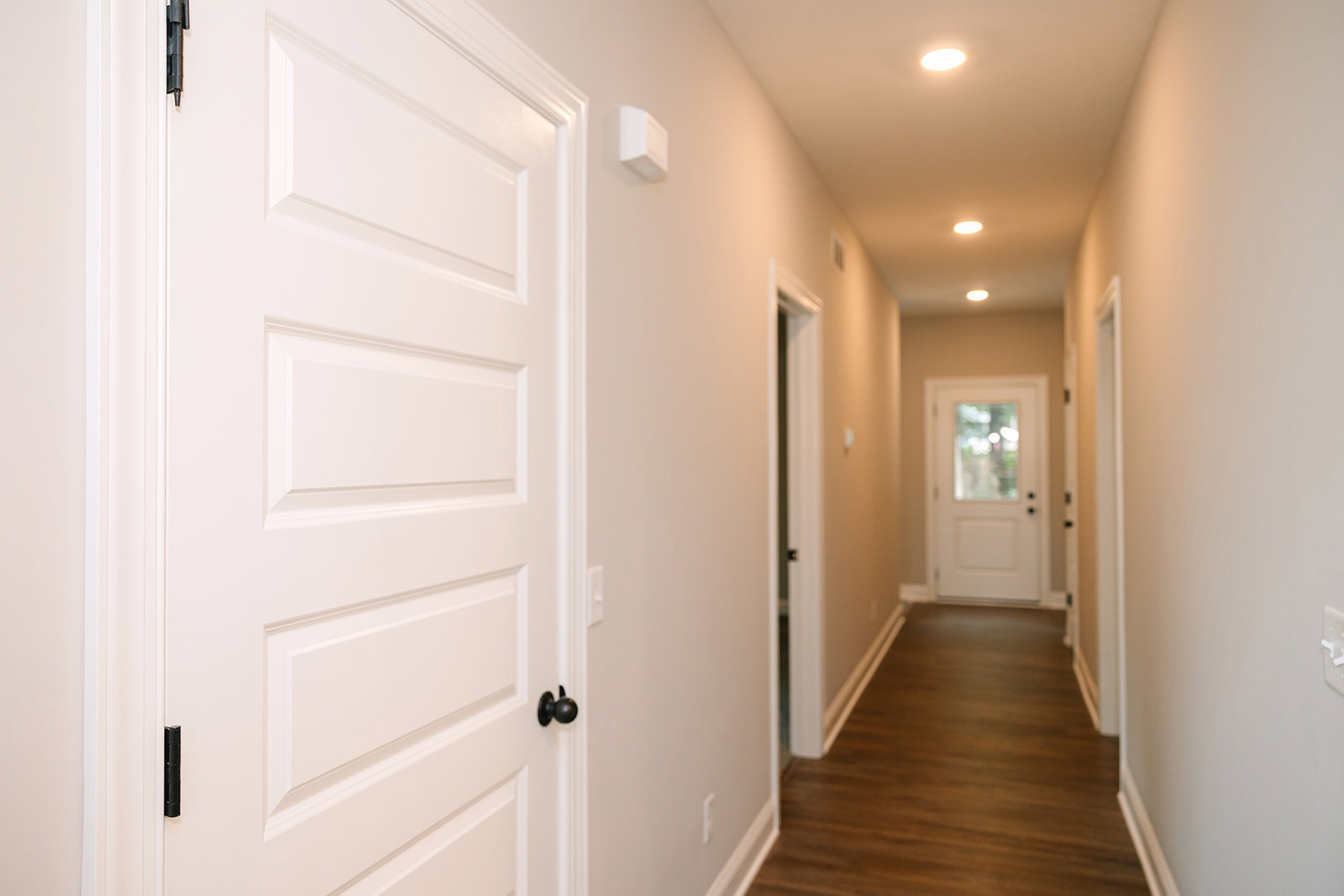 Hallway with white paneled doors, wood plank flooring, white walls, and door molding