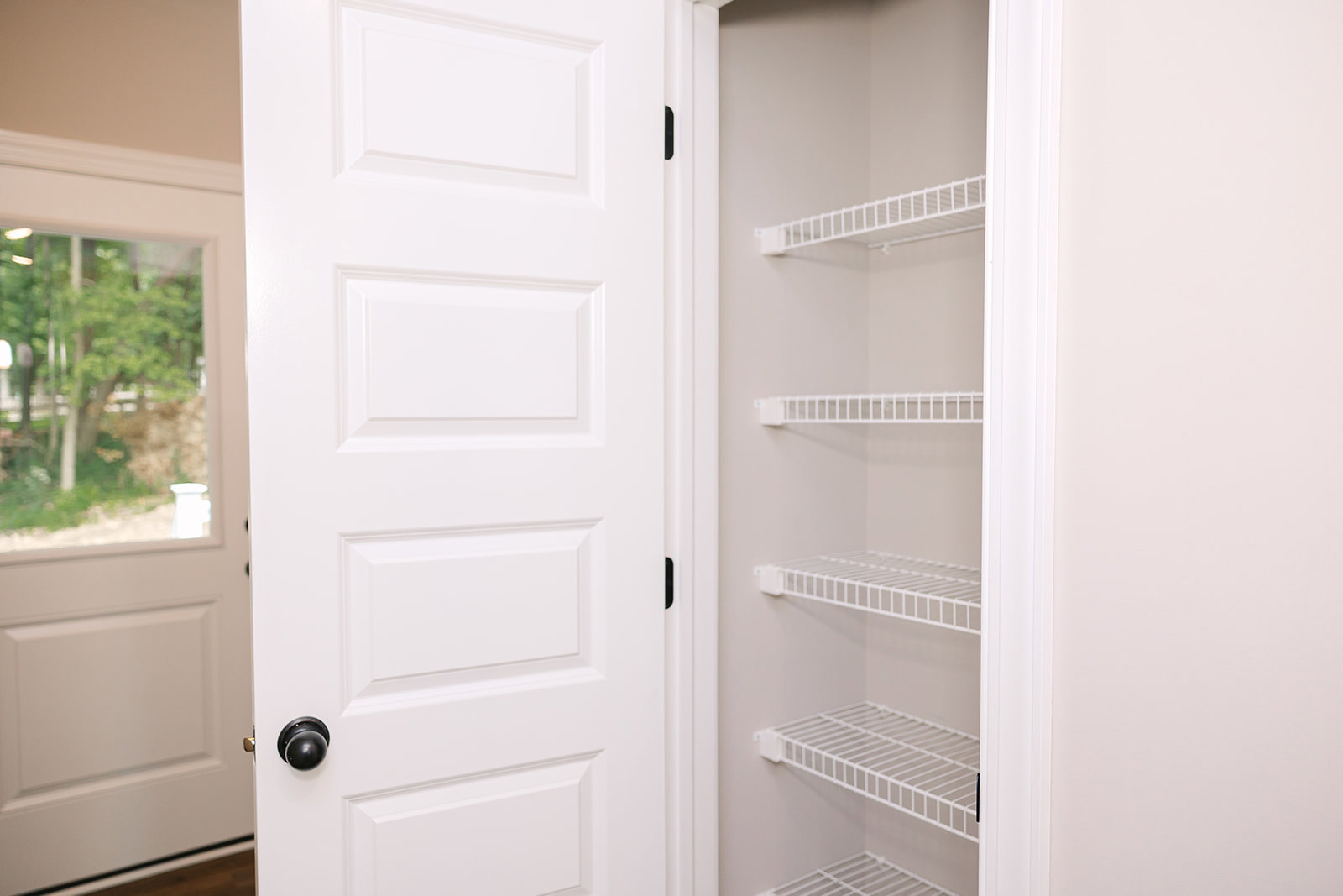 White door with black handles, built-in white wire shelving, blurred tree visible through window, close-up of silver door knob