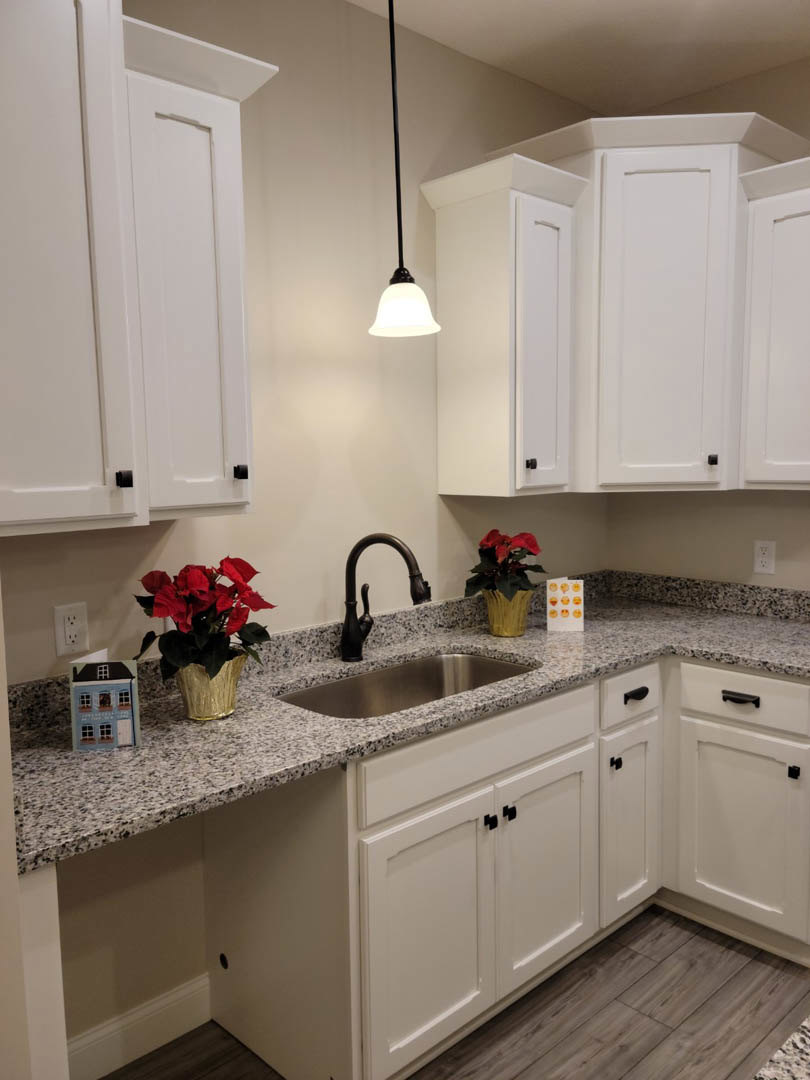 White kitchen cabinets, stainless steel sink with chrome faucet, light stone countertop, red flowers in a small pot on the counter