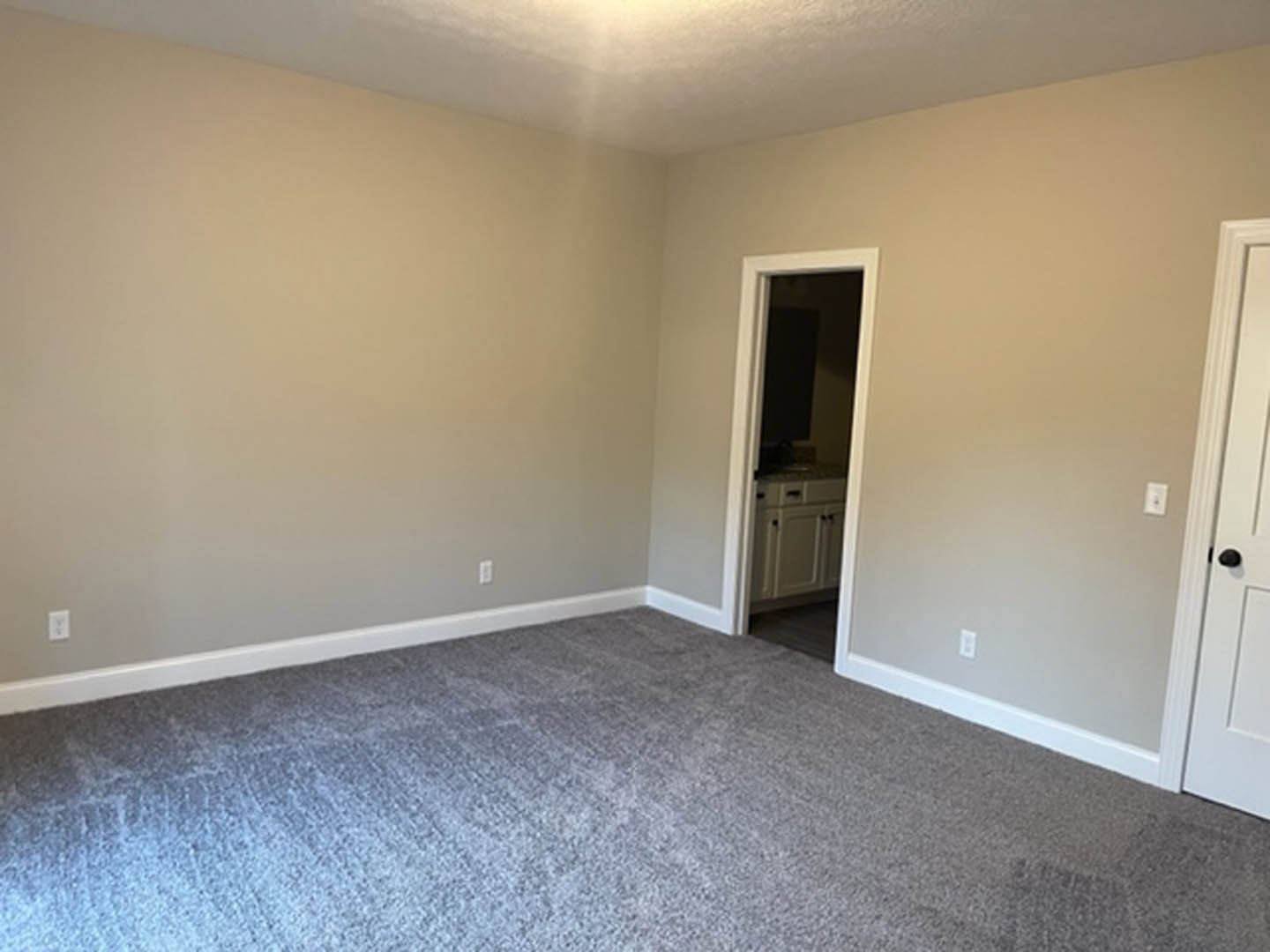 White paneled door with black handle open to carpeted room, white cabinet with black handles against plaster wall, laminate flooring in entry area