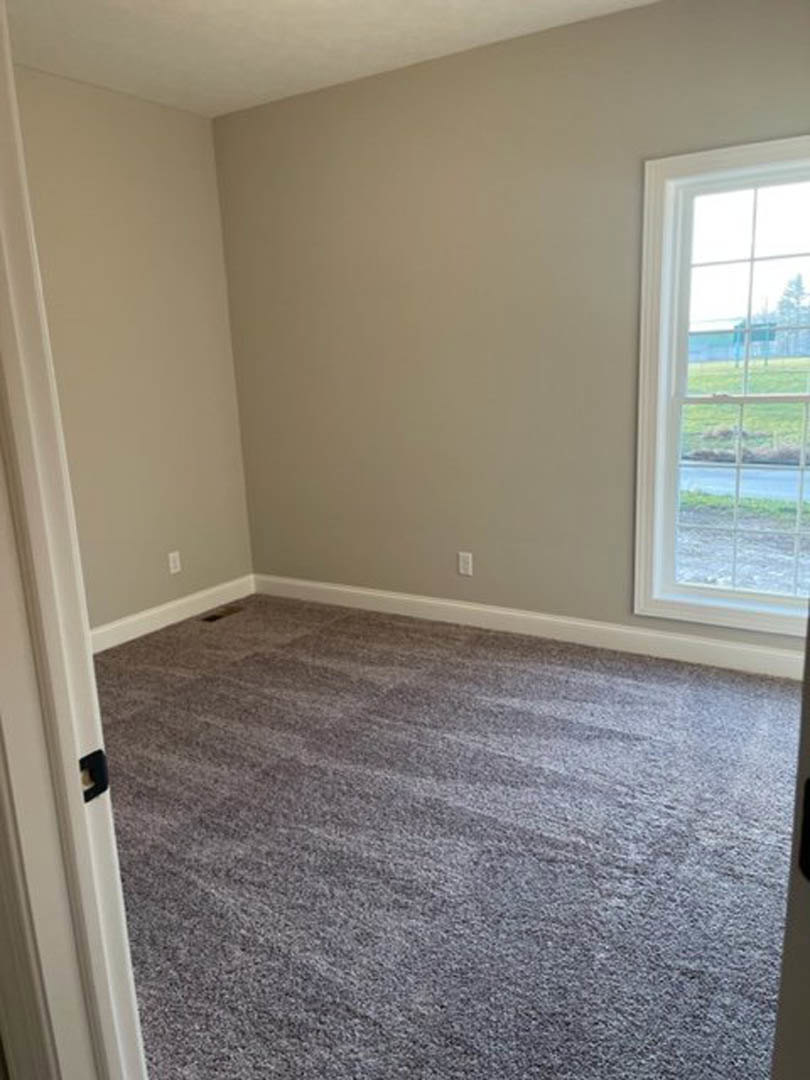 Bright room with large window overlooking grassy field, soft grey carpet flooring, white paneled door, smooth plaster walls