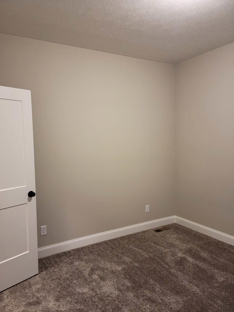 Carpeted room with white walls, black baseboard trim, white ceiling, and a closed white door