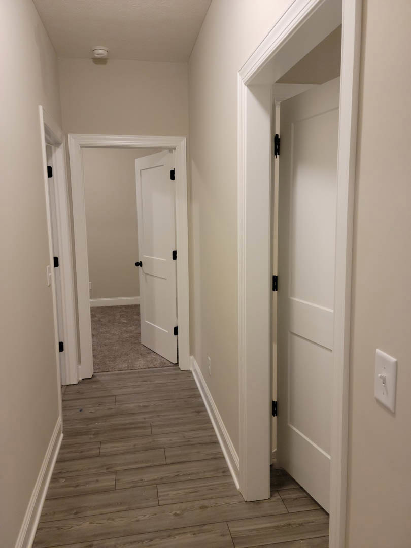 Hallway with white paneled doors featuring black knobs, wood flooring with white baseboard trim, light switch on a painted wall, and carpet visible in the foreground