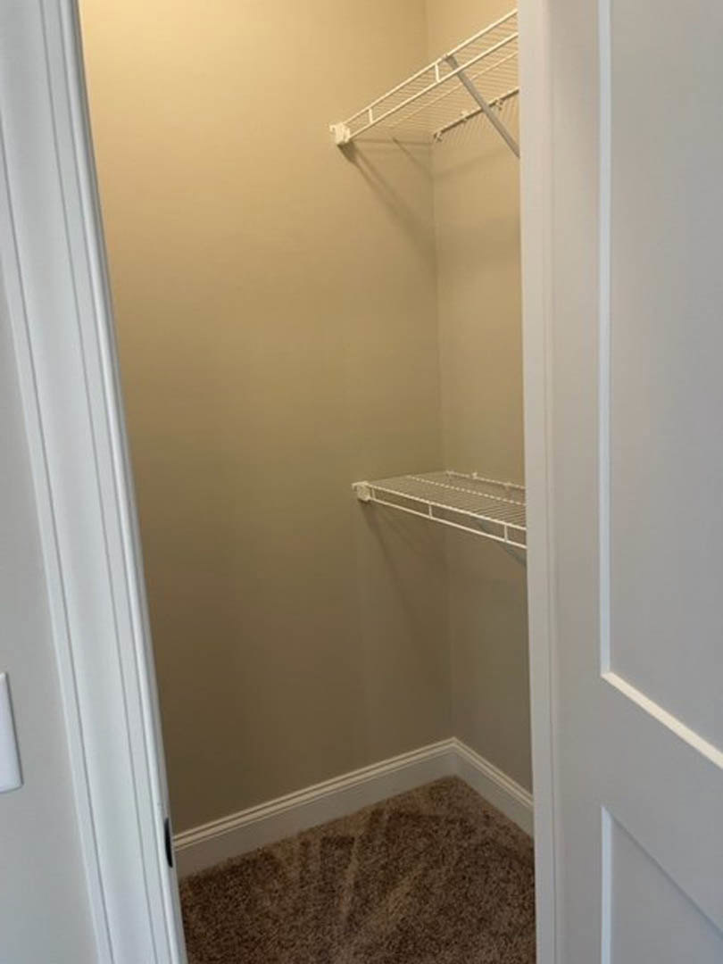 Walk-in closet with white shelves, metal hanging bar, light carpet flooring, and a visible handprint on the carpet.