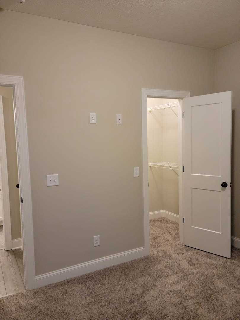 Open white closet door revealing carpeted floor, white walls, light switch, electrical outlet, and white door frame in a residential room.