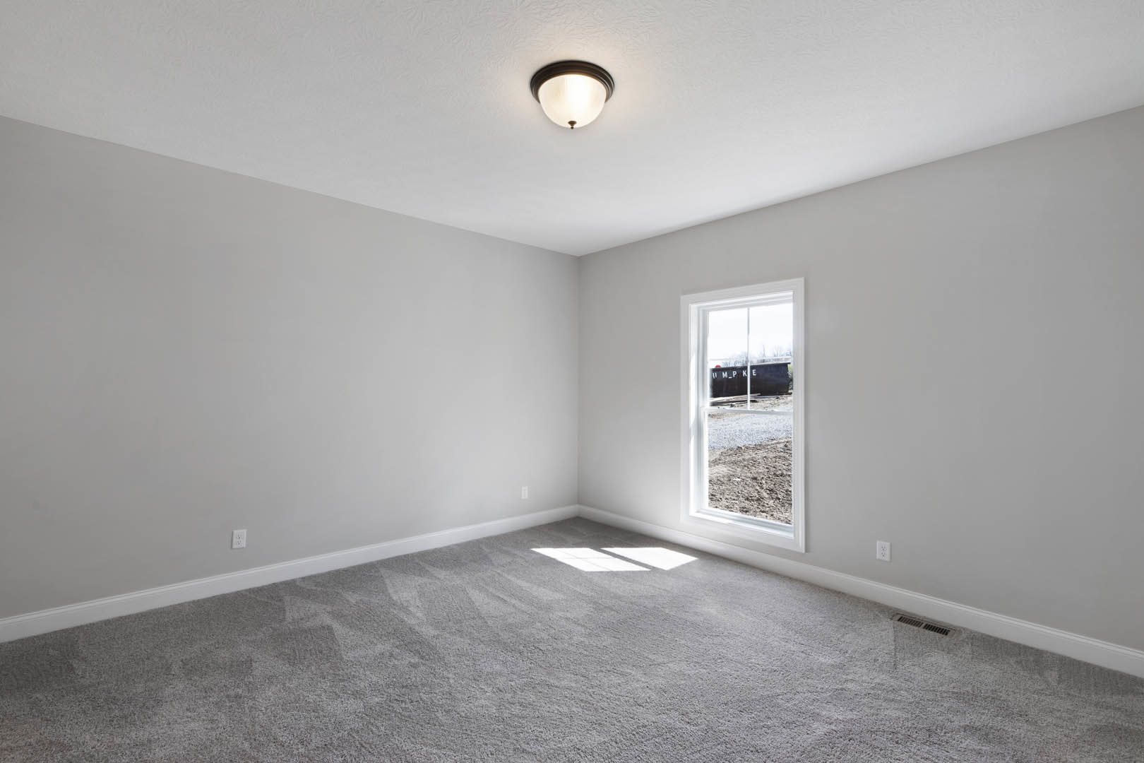 Neutral-toned carpeted room with white plaster walls, large window overlooking exterior, ceiling light fixture, and crown molding trim