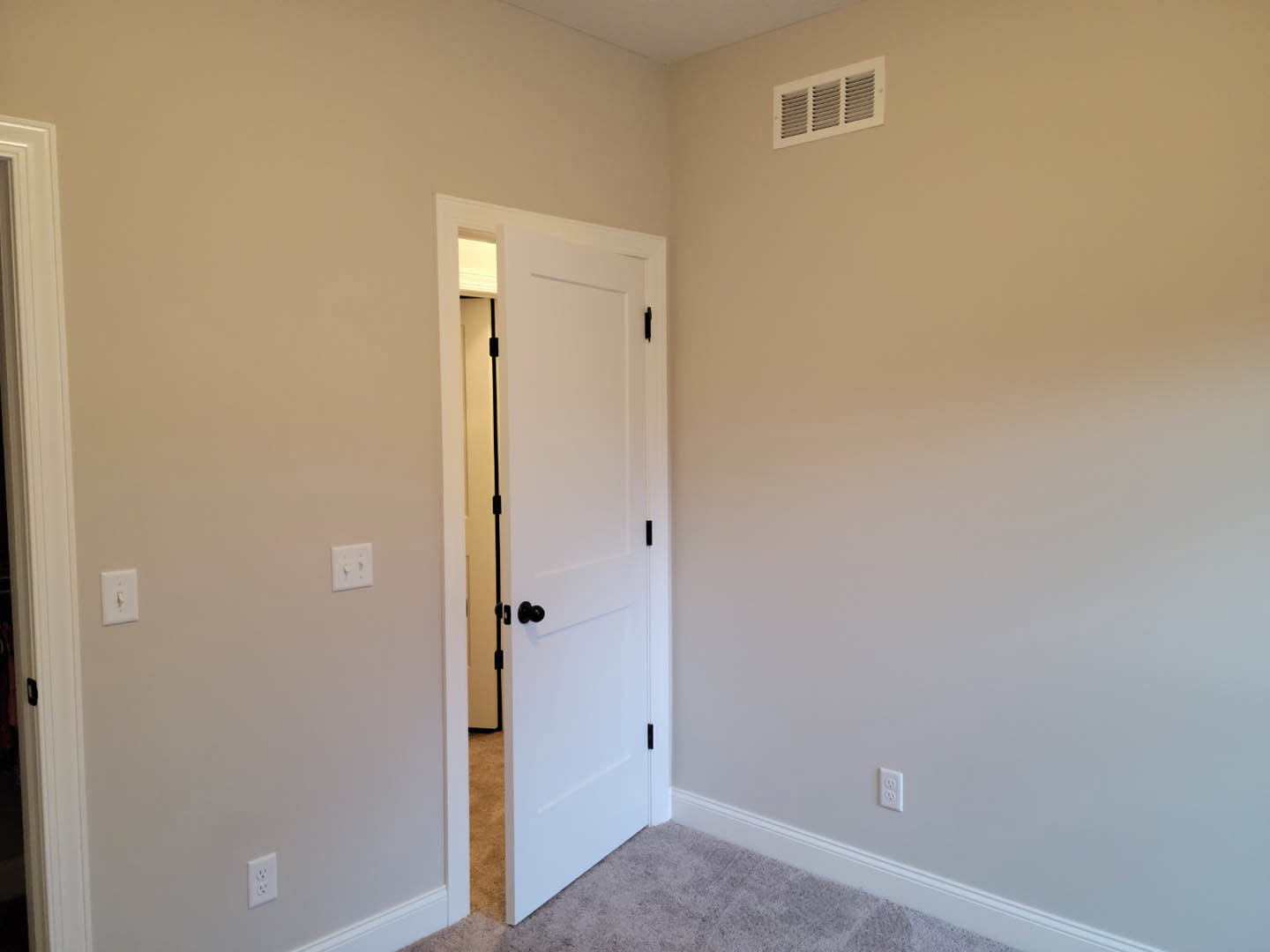 White paneled door with silver handle, white light switch on adjacent plaster wall, ceiling vent above, hardwood flooring