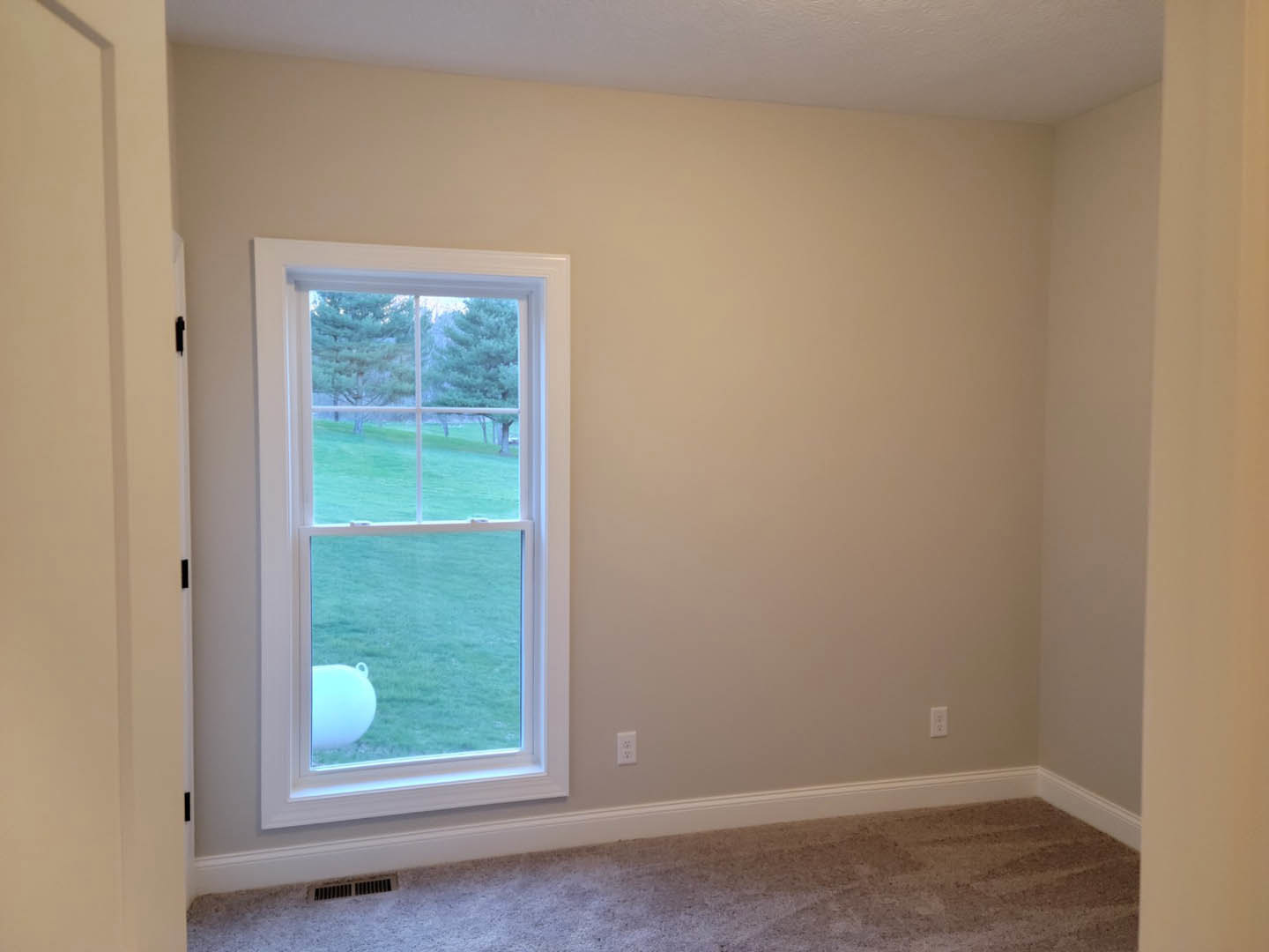 Room with carpeted walls and floor, large window overlooking grassy yard with trees, white baseboard trim, white object visible on lawn outside