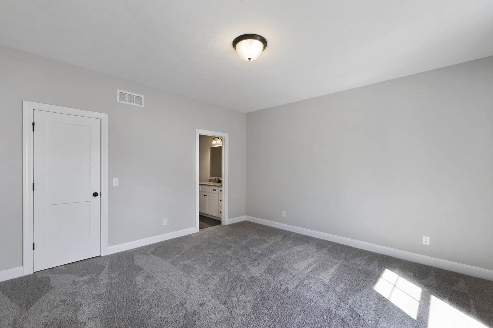 White paneled door with black knobs, grey carpet flooring, white walls, ceiling vent, and flush mount light fixture in a residential room.