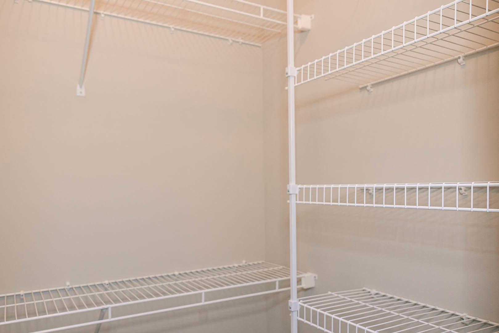 White wire shelving unit with six horizontal bars mounted on plaster wall in closet, metal ladder leaning nearby, close-up of drain grate visible on floor.