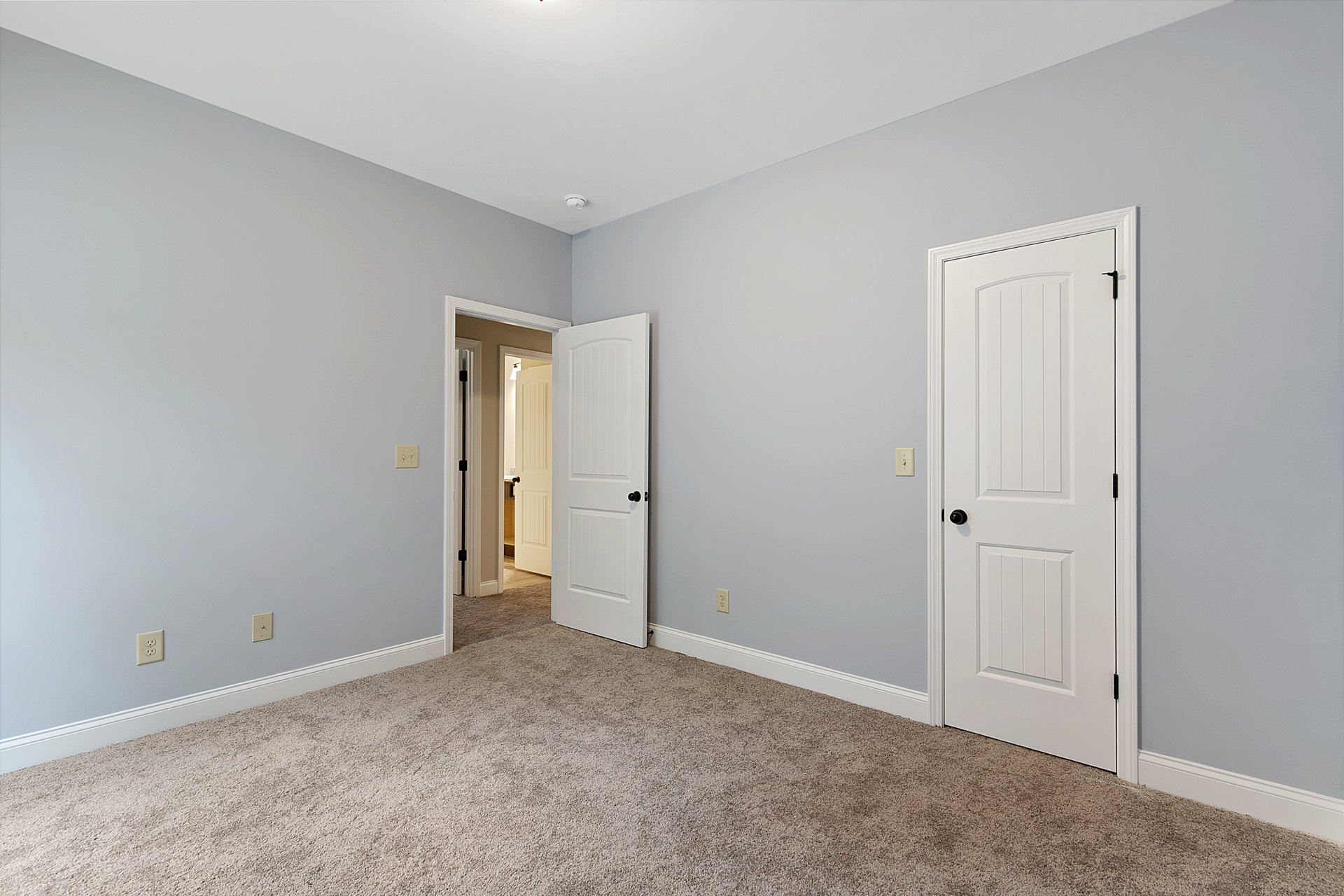 White paneled door with black knob opening onto a carpeted room with light-colored walls and simple baseboard molding