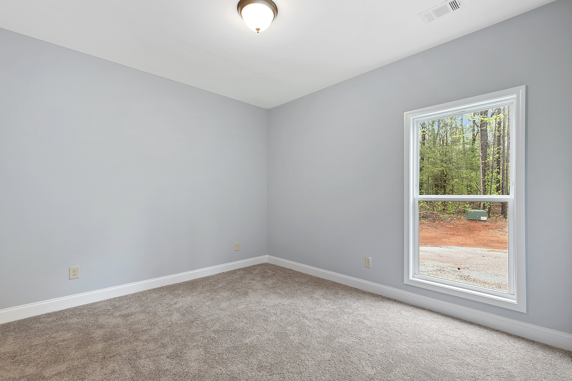 Carpeted bedroom with white walls, large window overlooking forest, ceiling light fixture, and simple crown molding
