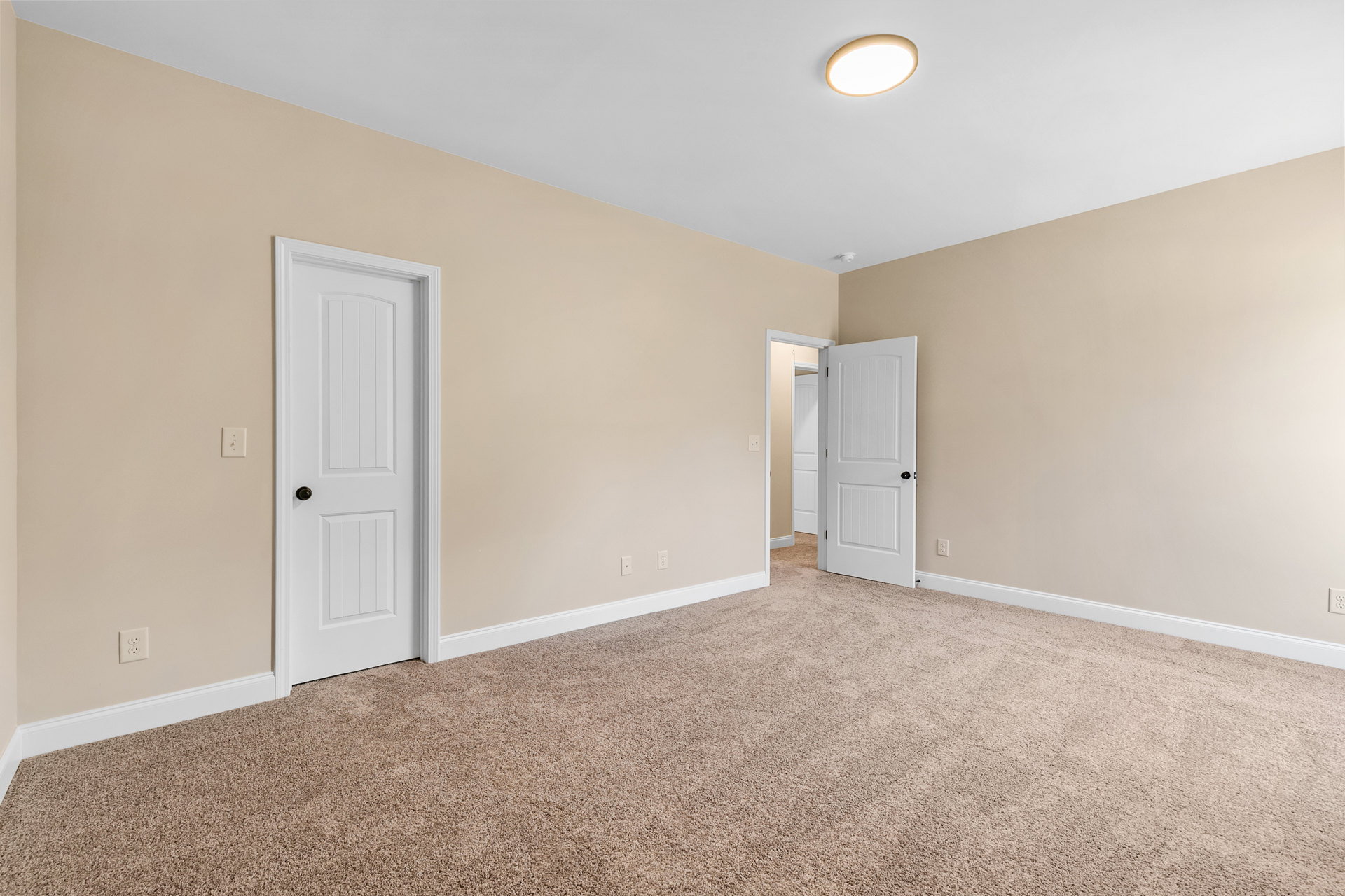 Beige painted walls, white paneled door with black knob, white ceiling light fixture, light-colored carpet flooring