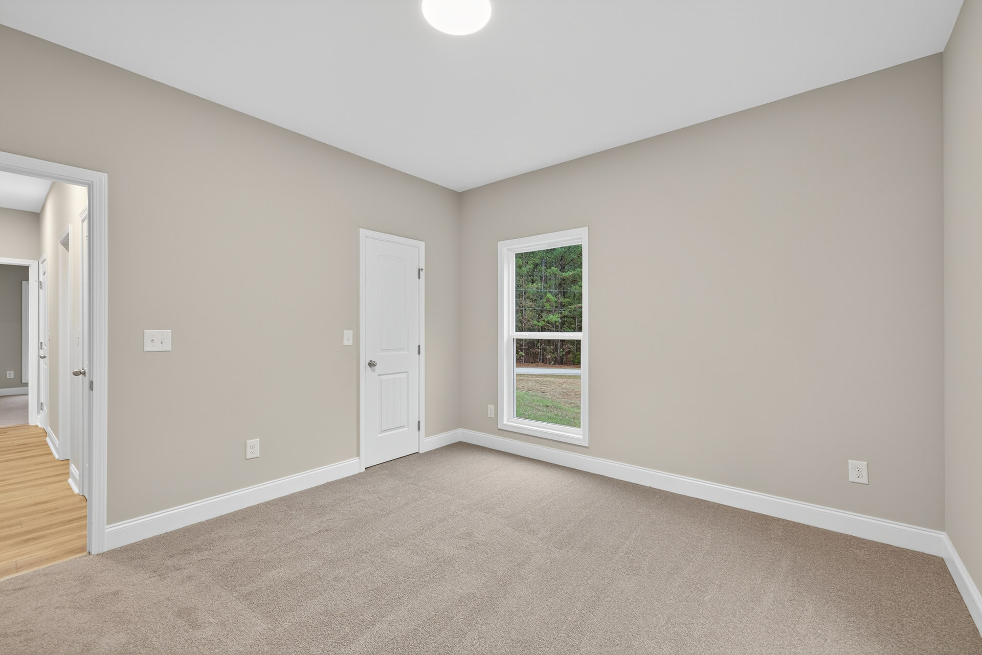 Carpeted room with a large window showing trees outside, white door with silver handle, wood floor with white trim, pale walls, and natural light illuminating the space.