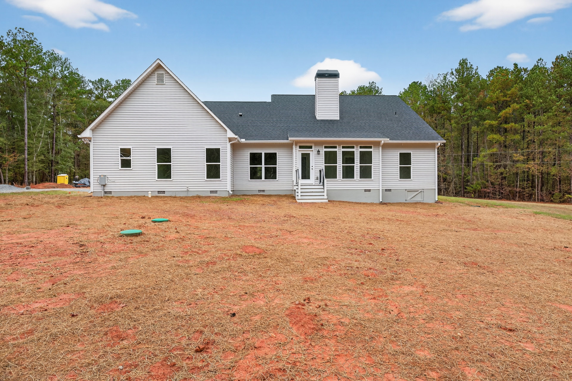 Two-story farmhouse with white siding, brick chimney, white-framed windows, glass-paneled front door, surrounded by grassy yard and red dirt field, trees and cloudy sky in