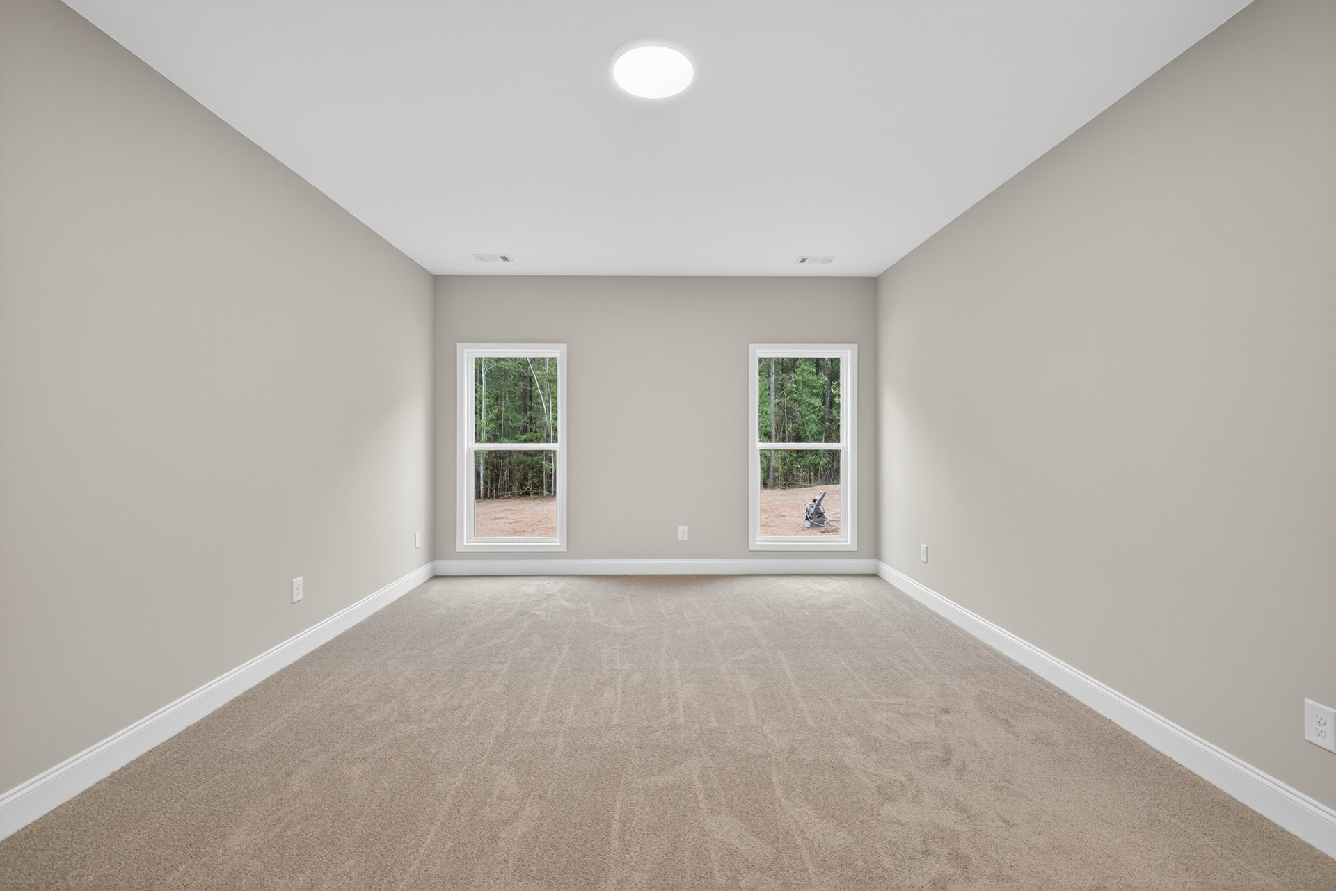 Carpeted room featuring two white-framed windows, one with a view of the forest and a book on the sill, white ceiling light, plaster walls, and molding.