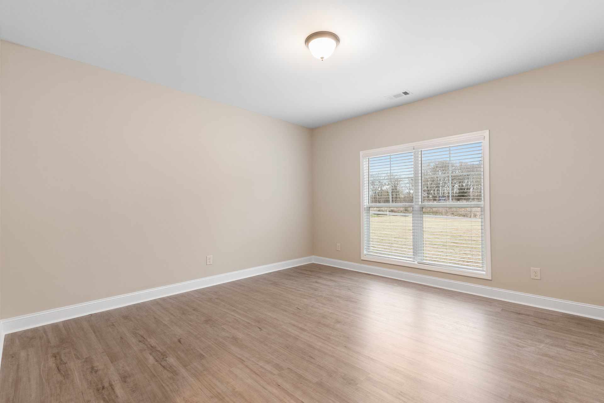 Sunlit room featuring wide-plank hardwood flooring, white plaster walls, large window with exterior blinds, and a modern ceiling light fixture.