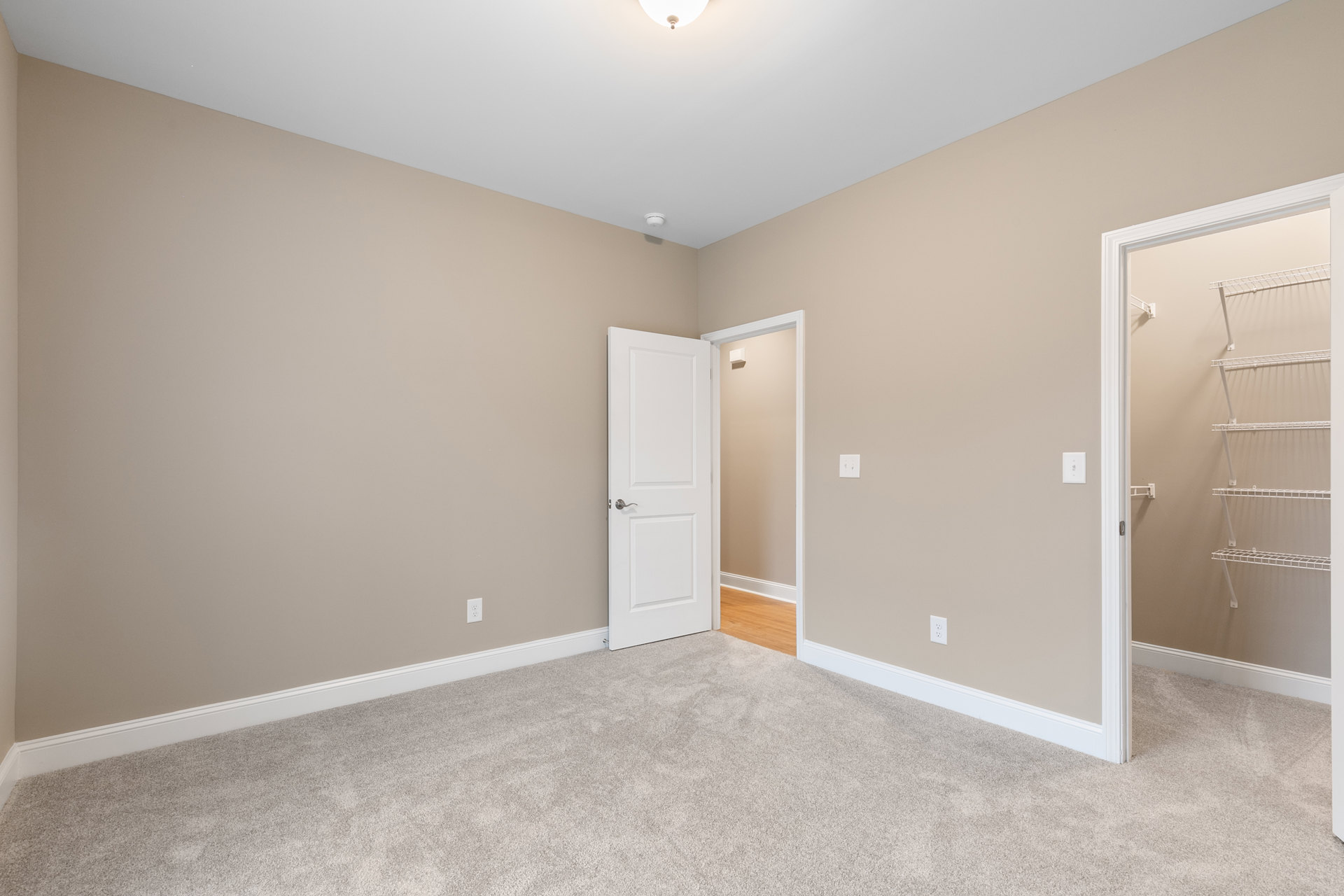 Open white door with silver handle leading into a room featuring carpeted walls, wooden floor, white shelves in closet, and ceiling light fixture