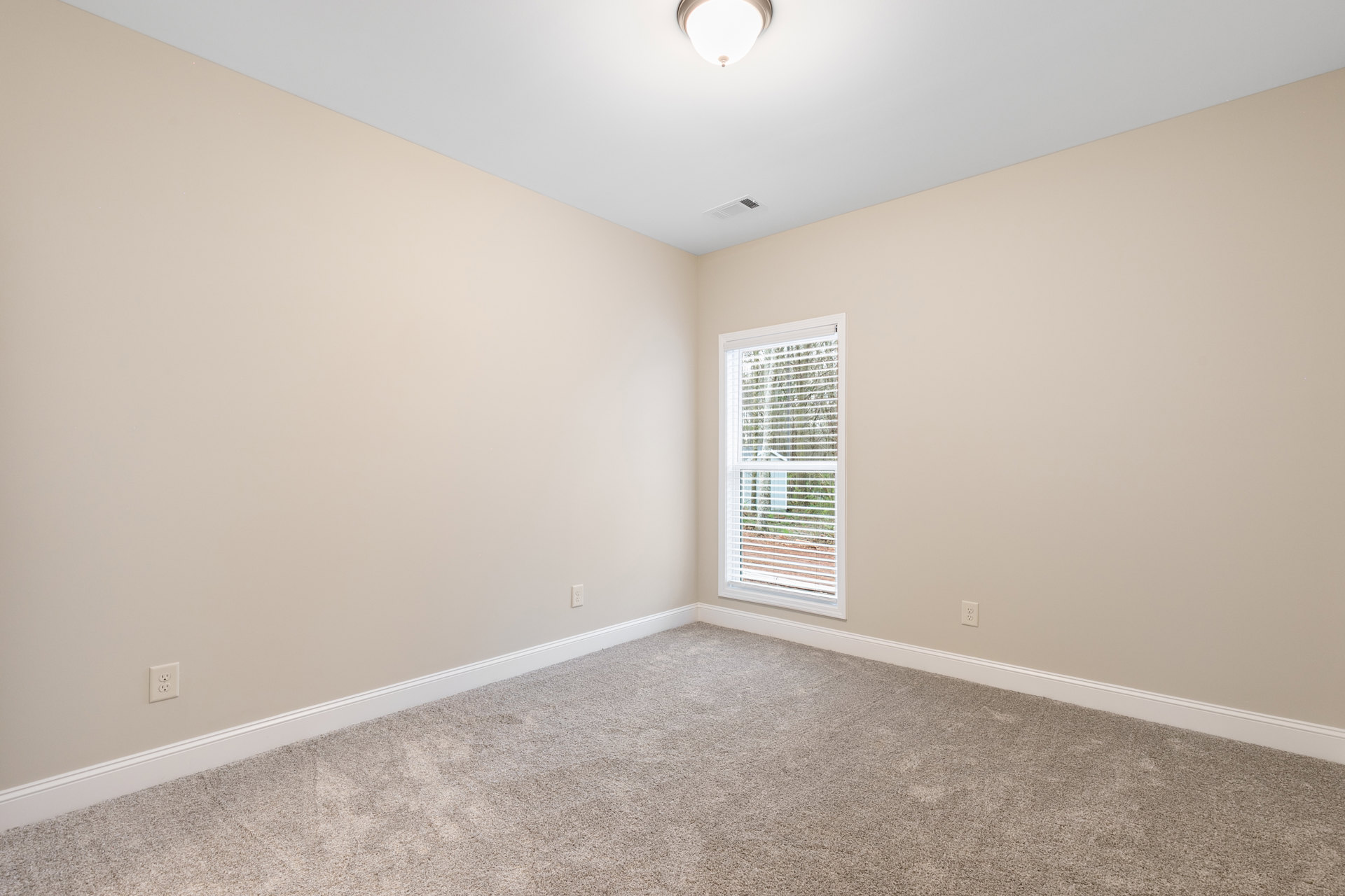 Neutral-toned carpeted room with white walls, window fitted with horizontal blinds, ceiling light fixture, and simple crown molding.