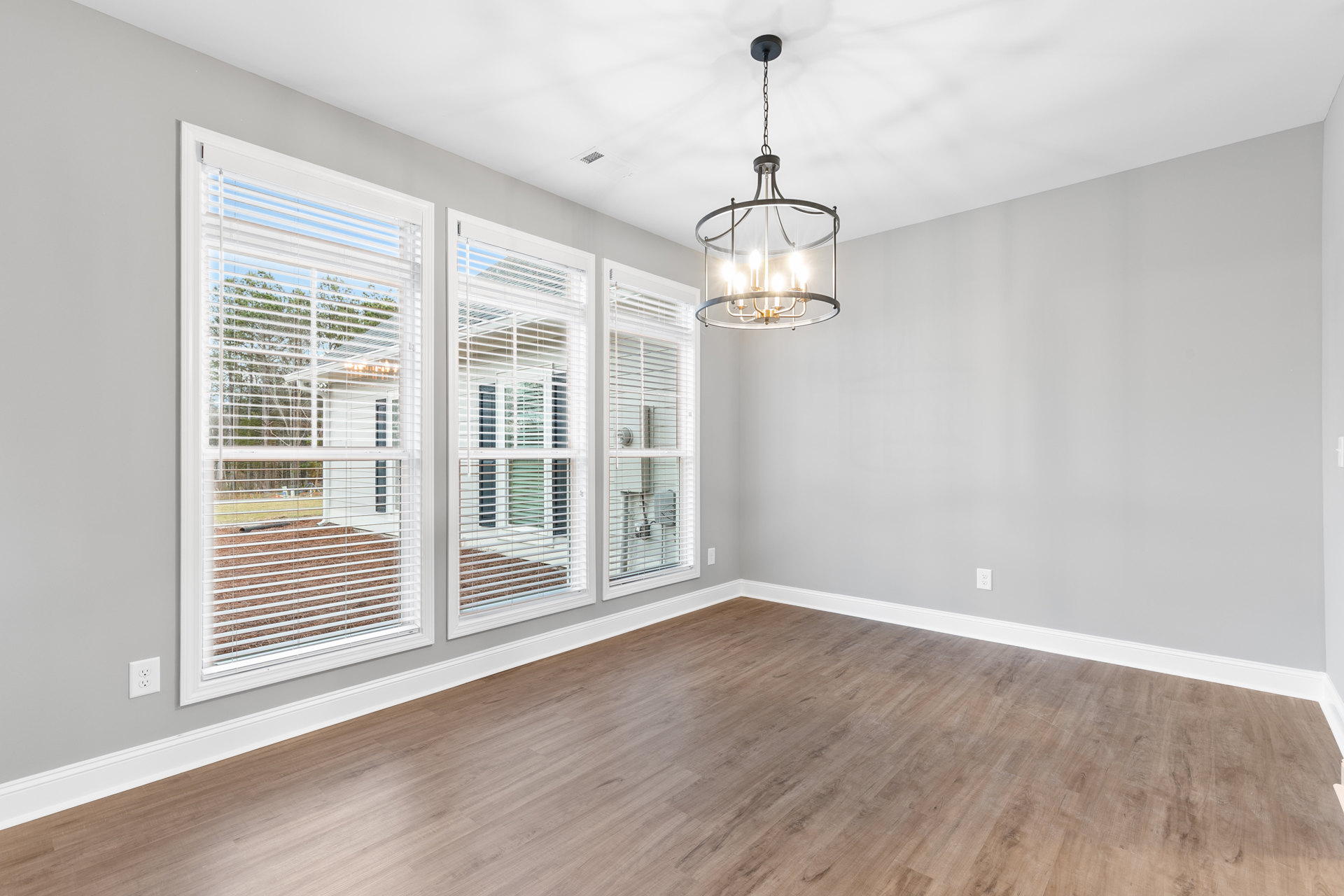 Chandelier hanging from ceiling above hardwood floor, white-trimmed windows with blinds, trees visible outside, light-colored walls with crown molding