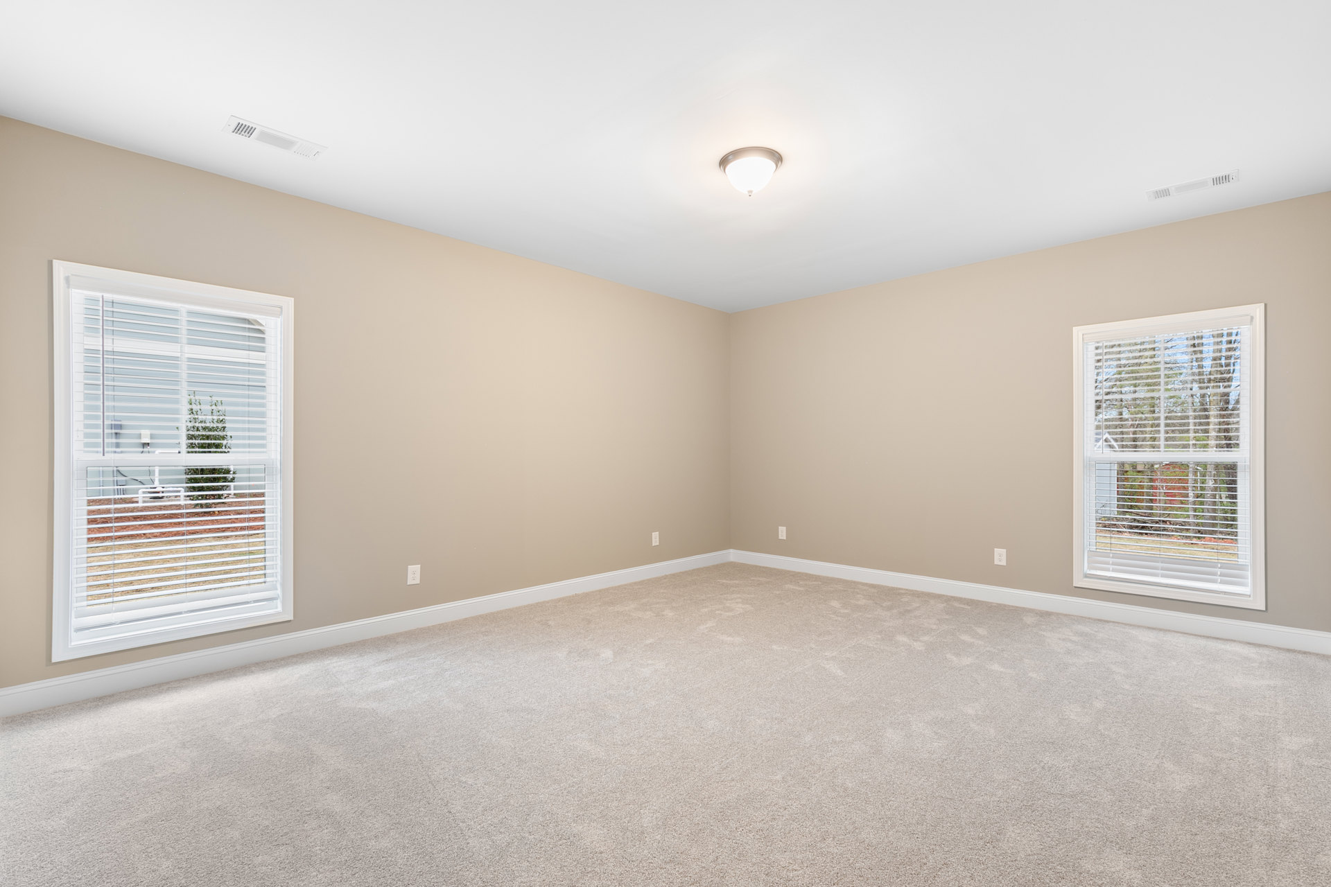 Beige carpeted room with beige walls, white ceiling molding, window fitted with white blinds, and a close-up of a ceiling-mounted light fixture