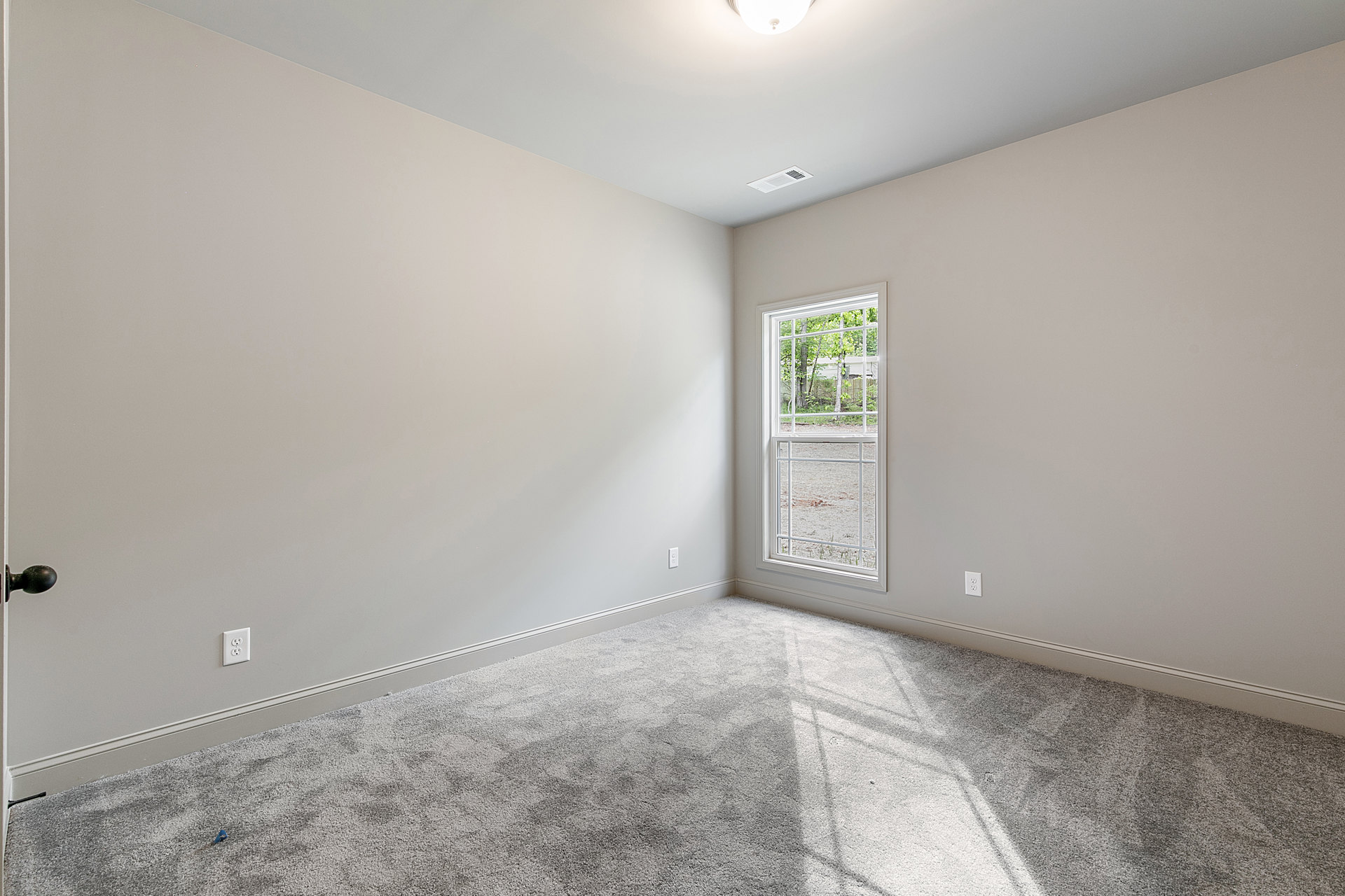 Bedroom with white walls, beige carpet flooring, large window overlooking grassy yard and trees, ceiling light fixture visible