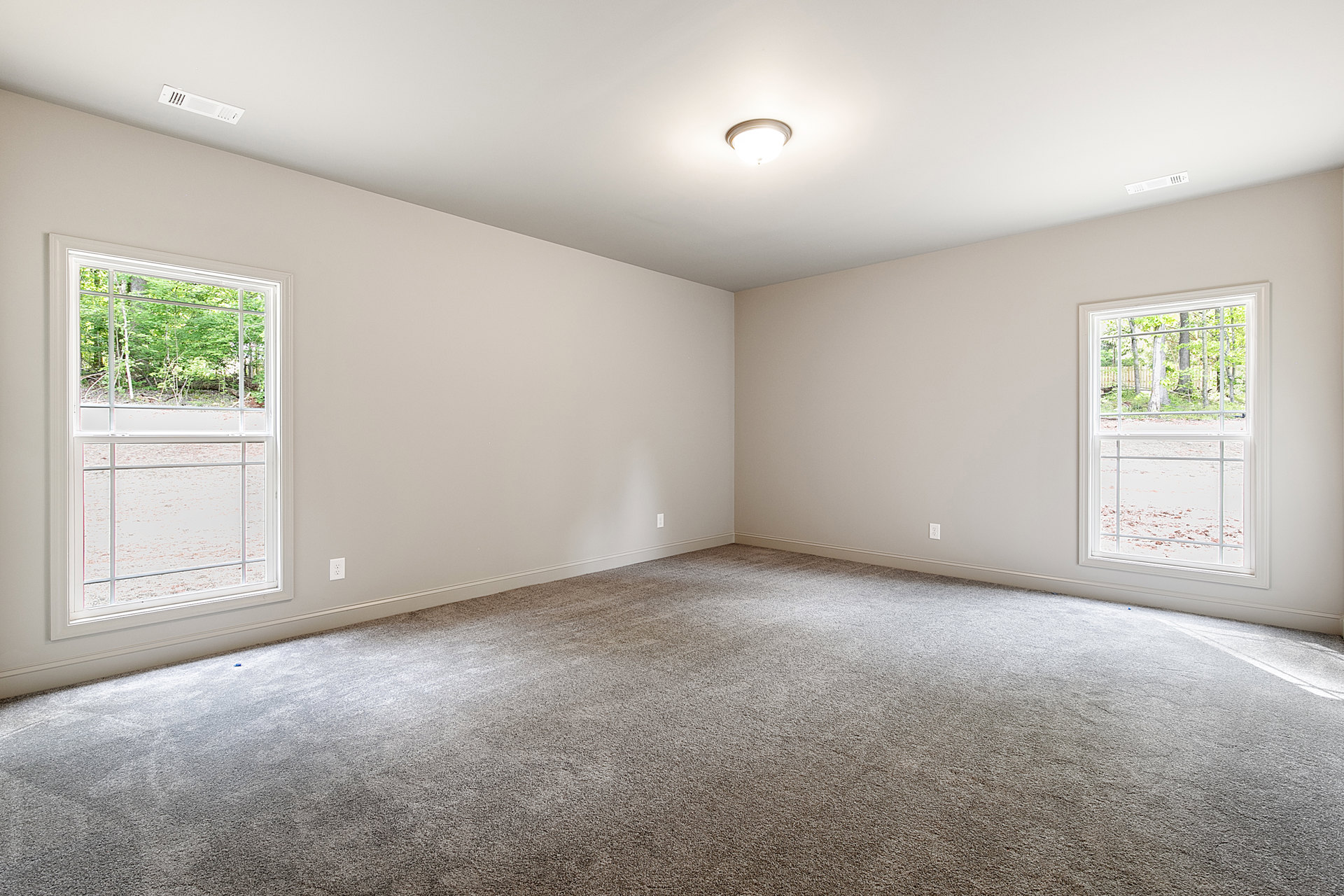 Carpeted room with large windows overlooking trees, white walls, ceiling light fixture, and visible light switch