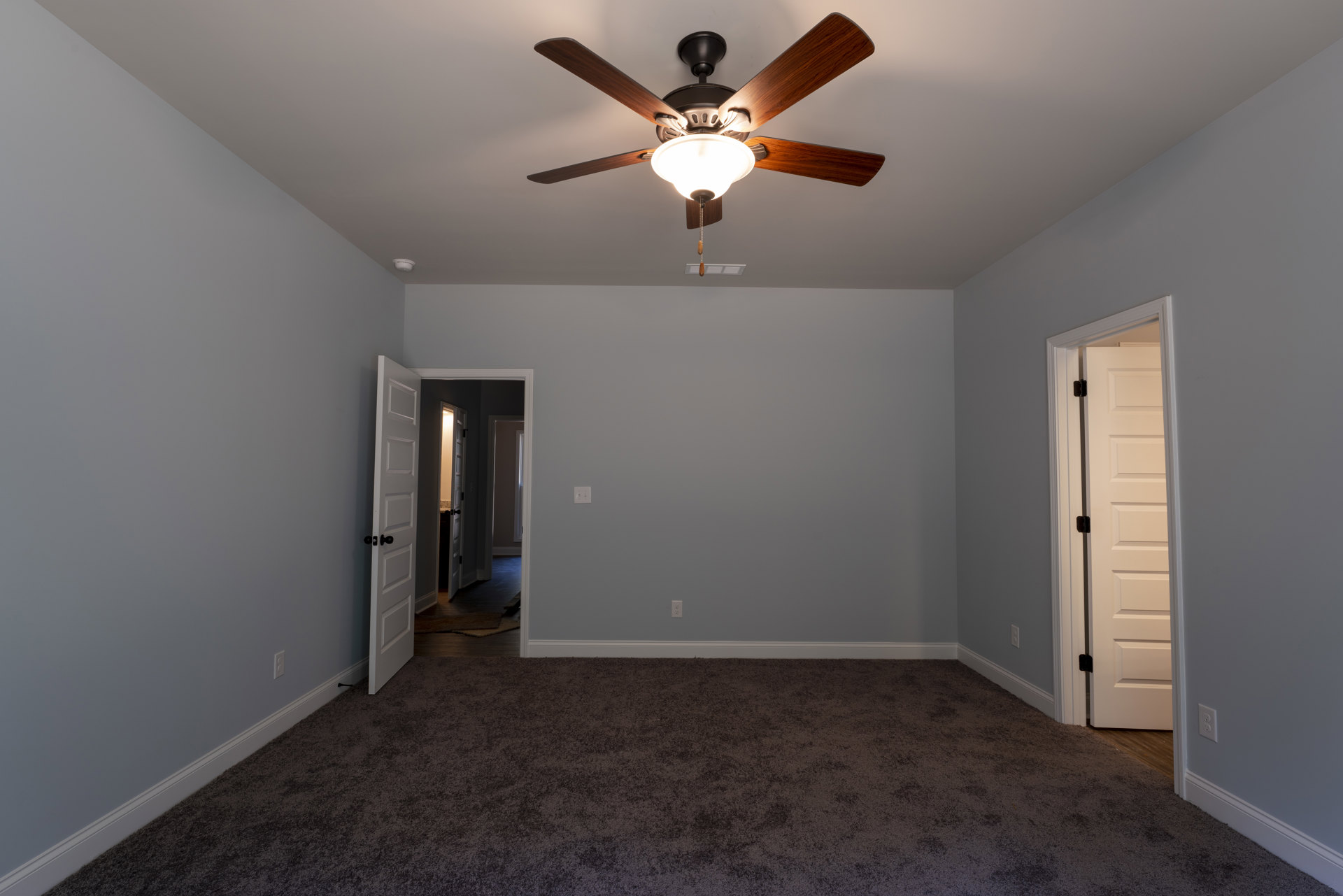 Neutral-toned room with brown carpet, white walls, ceiling fan with light fixture, and paneled door with metal hinge
