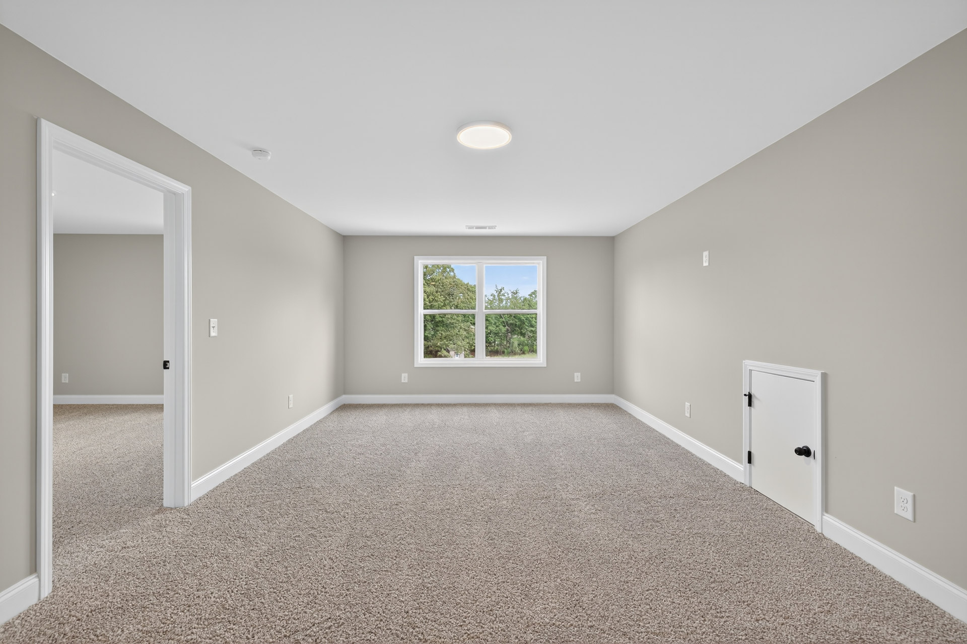 Neutral-toned carpeted room with white walls, large window overlooking trees, white ceiling, black door knob, and recessed ceiling light