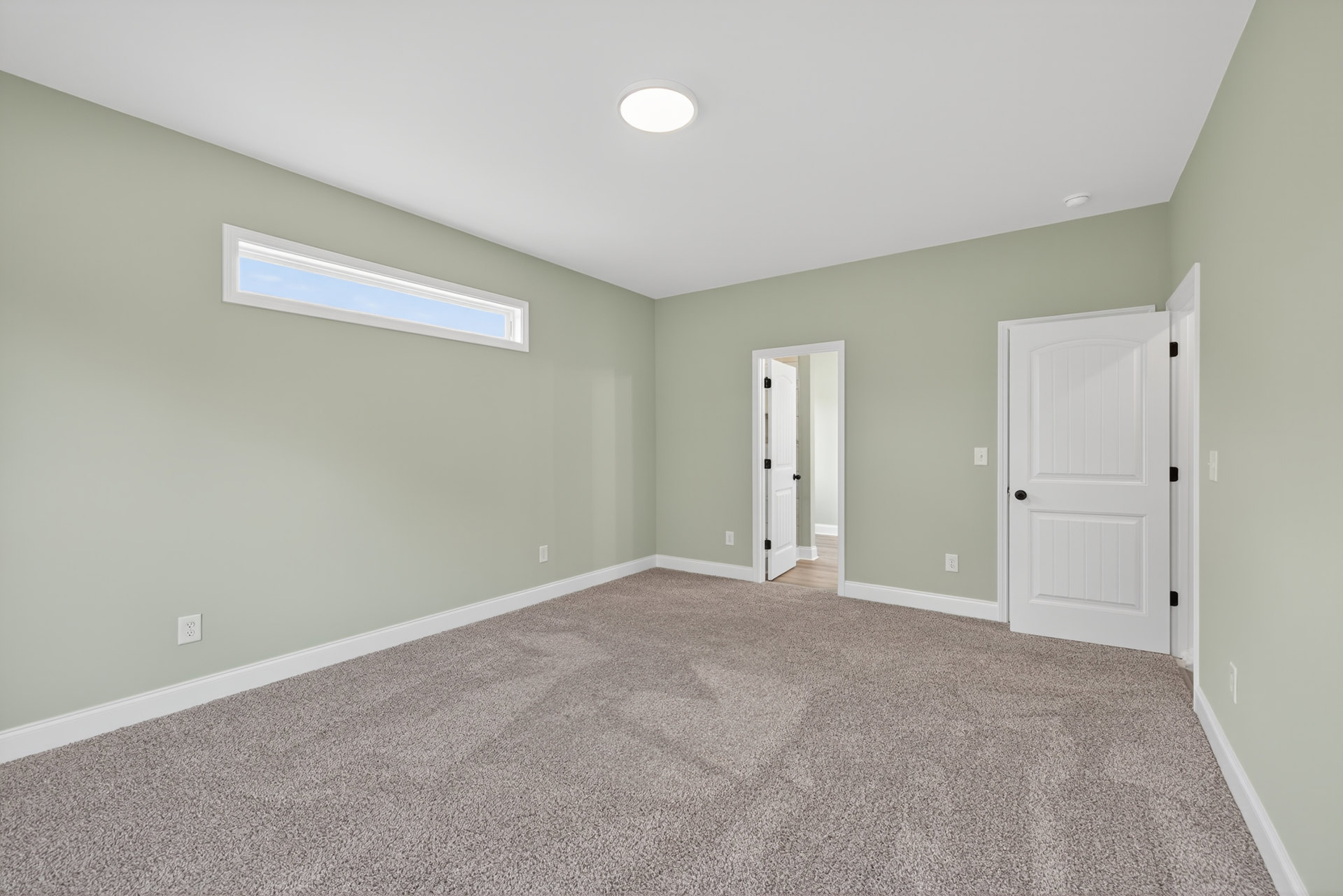 White paneled door with black hardware, beige carpet flooring, white walls with crown molding, ceiling-mounted light fixture, window letting in daylight
