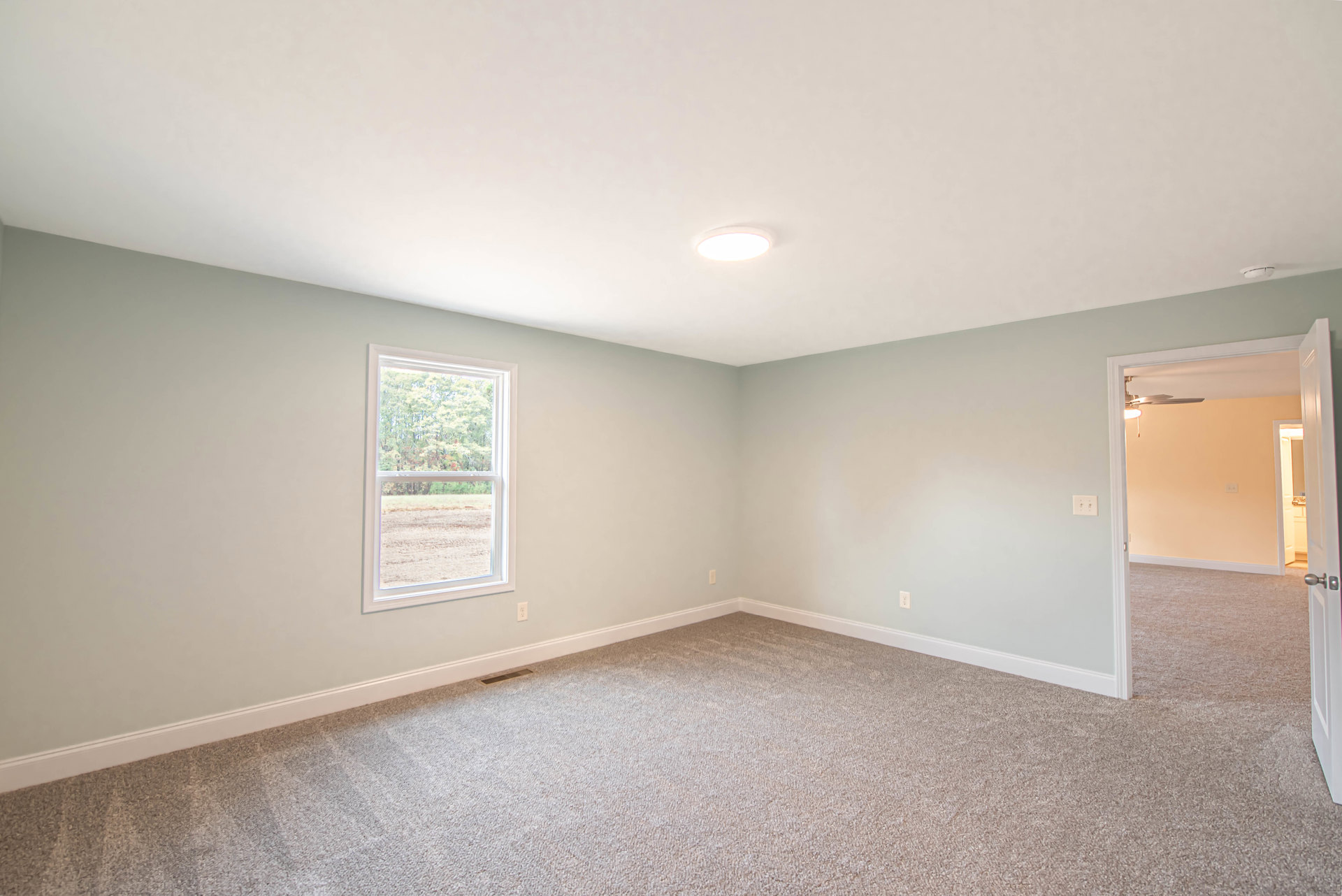 Carpeted room with white walls, large window overlooking trees, ceiling light fixture, and visible air vent near baseboard