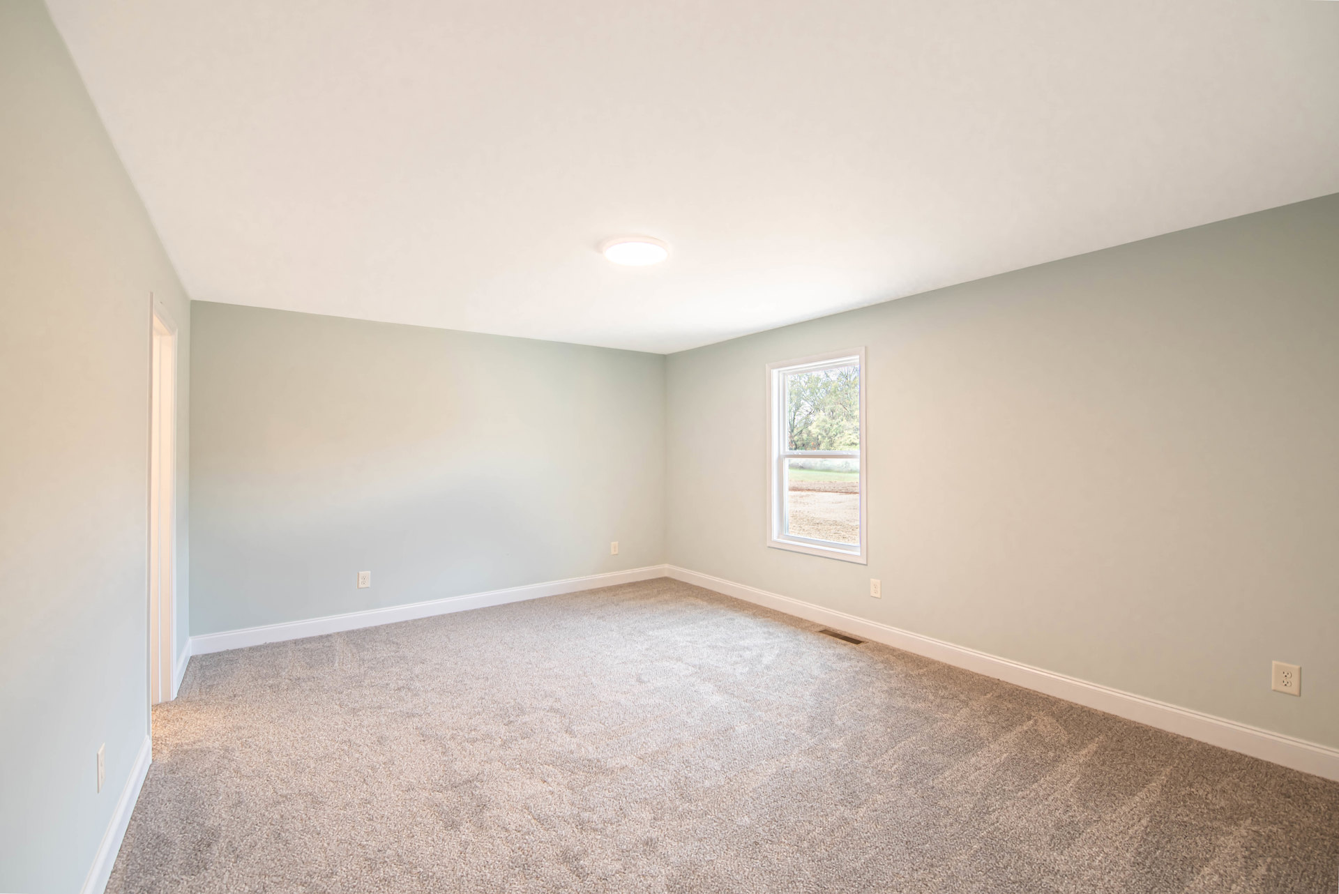 Neutral-toned carpeted floor, white walls, large window with view of green trees, flush ceiling light fixture