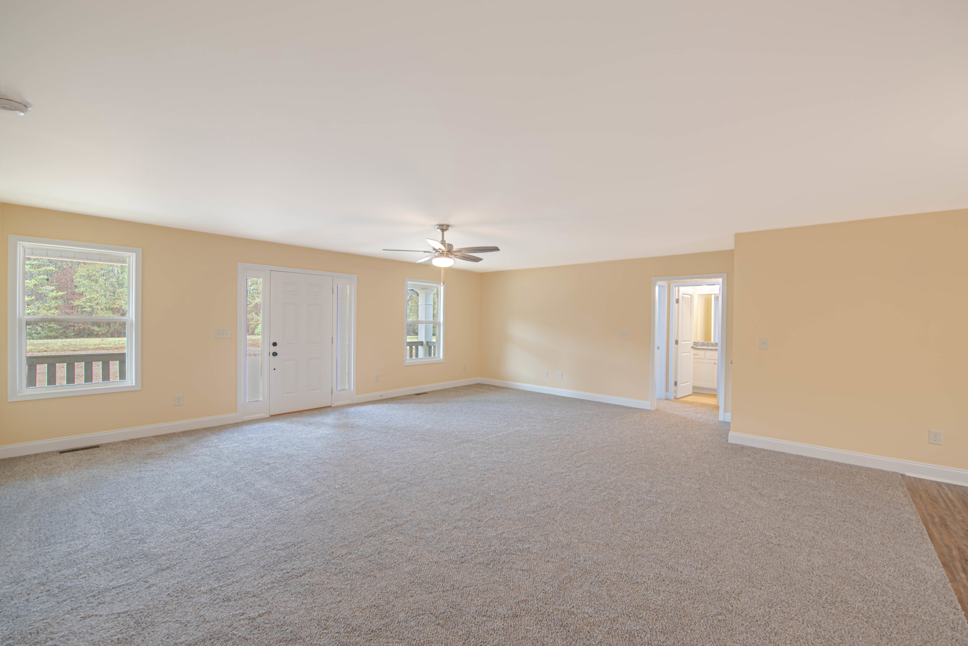 Spacious carpeted room with white walls, ceiling fan with light, large window overlooking trees and grass, and white door with glass inset