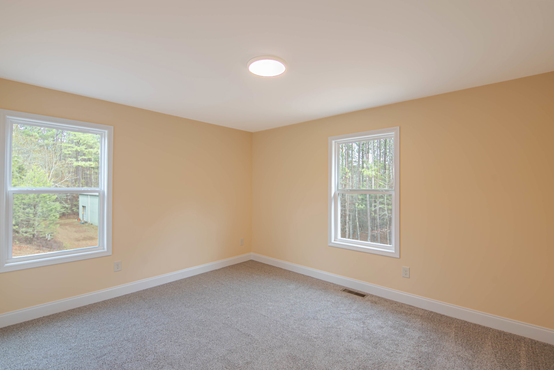 Carpeted bedroom with large windows overlooking trees, white walls, ceiling light fixture, and decorative molding