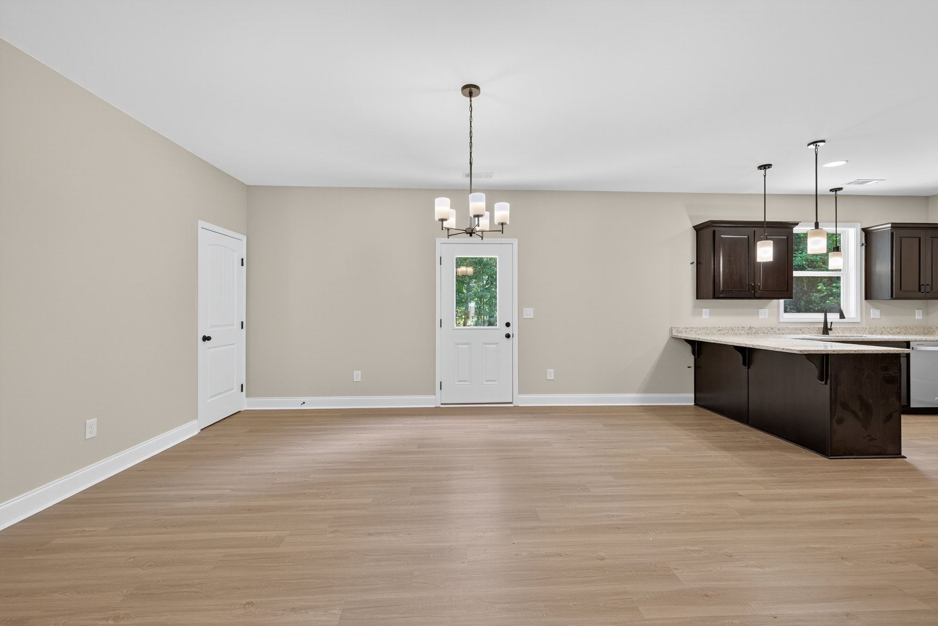 Wood flooring and white door with glass insert, kitchen island with sink, white cabinetry, plaster walls, ceiling light fixture