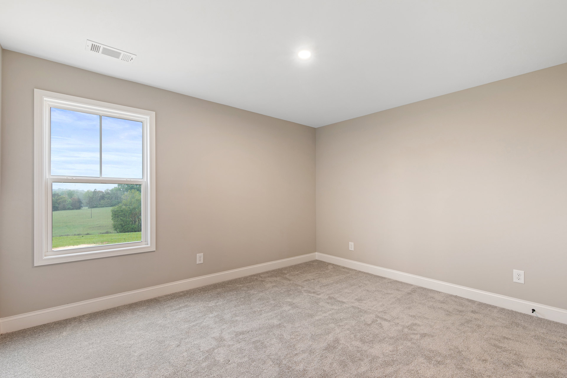 Carpeted room with white walls, large window overlooking grassy field and trees, white ceiling vent visible