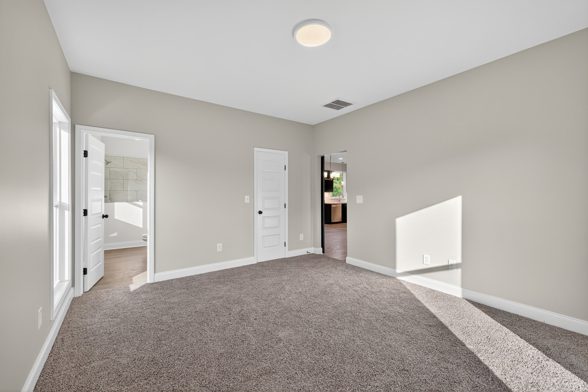 White-walled room with light gray carpet, white door featuring black handle, close-up of ceiling light fixture, and light switch on wall