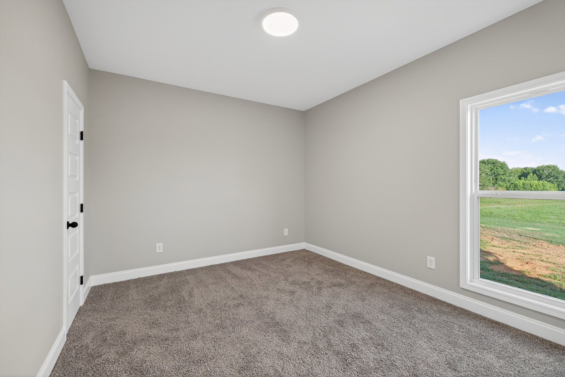 Neutral-toned carpeted room with white walls, large window overlooking a dirt field and trees, simple baseboard molding, and ceiling light fixture