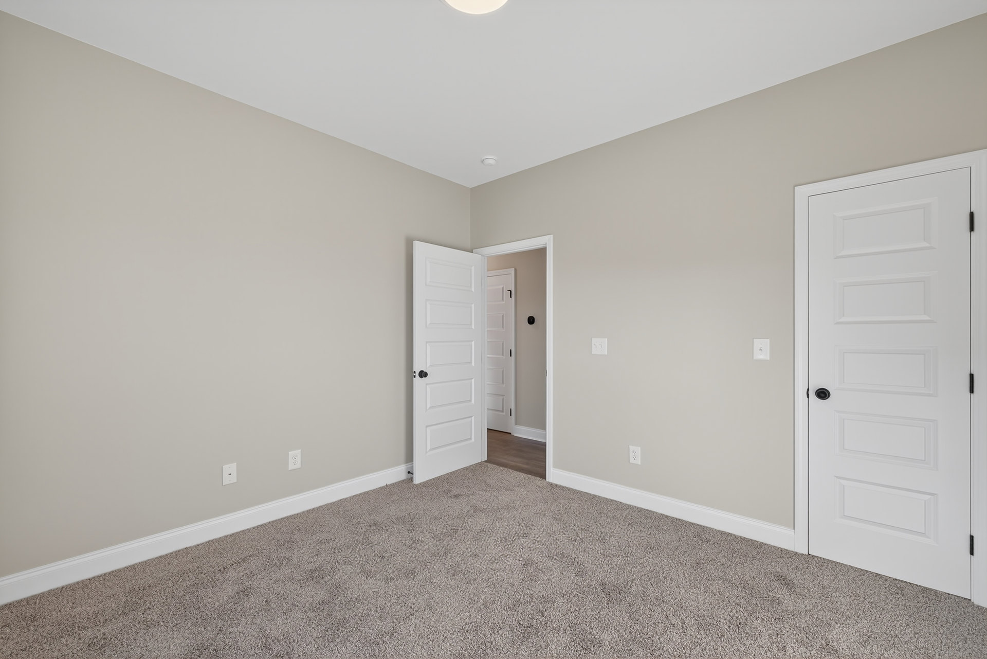White paneled door with black handle opening into a room with light-colored walls, wood flooring, and ceiling light fixture