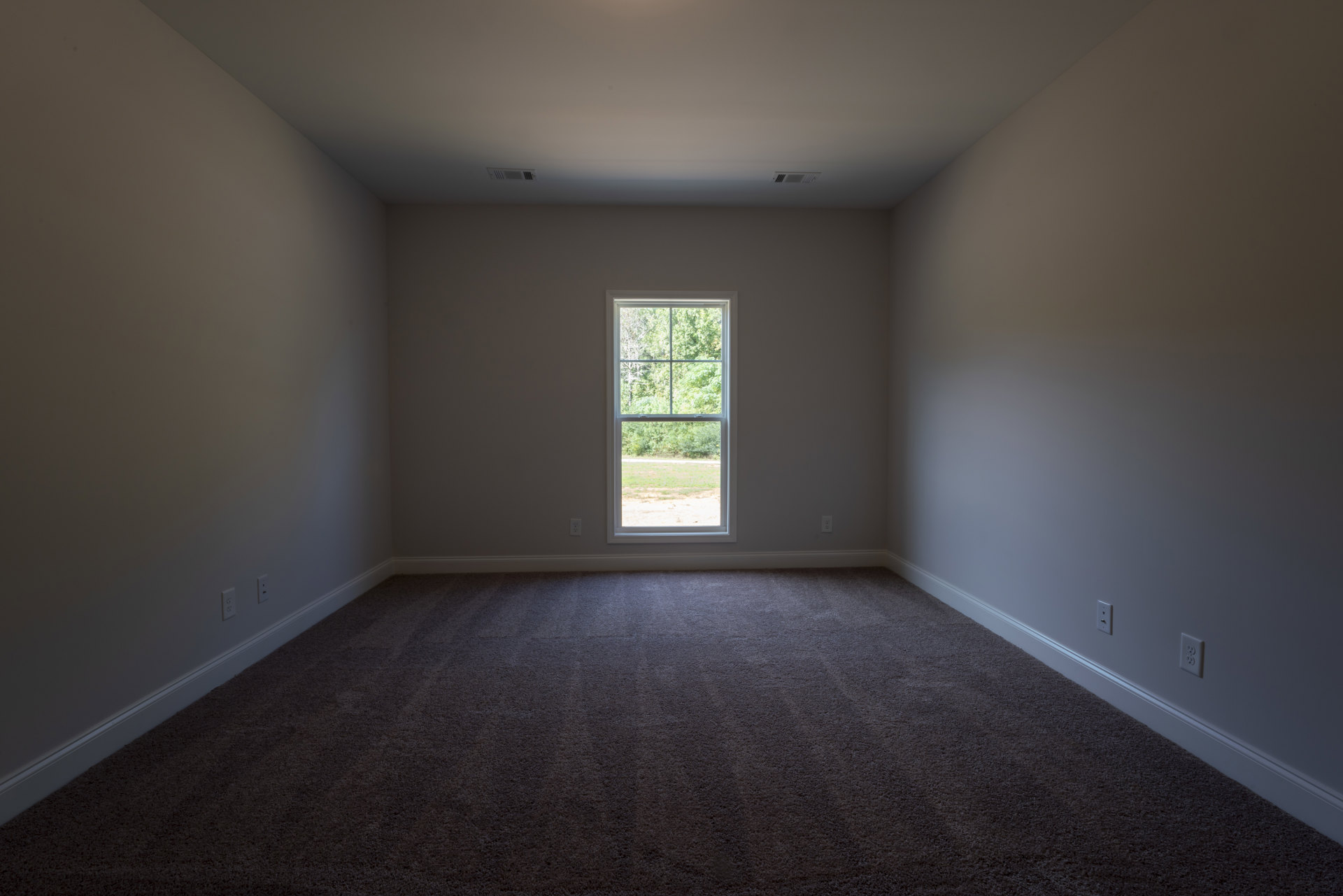 Bright room with large window overlooking green lawn and trees, dark grey carpet flooring, white plaster walls, and smooth ceiling