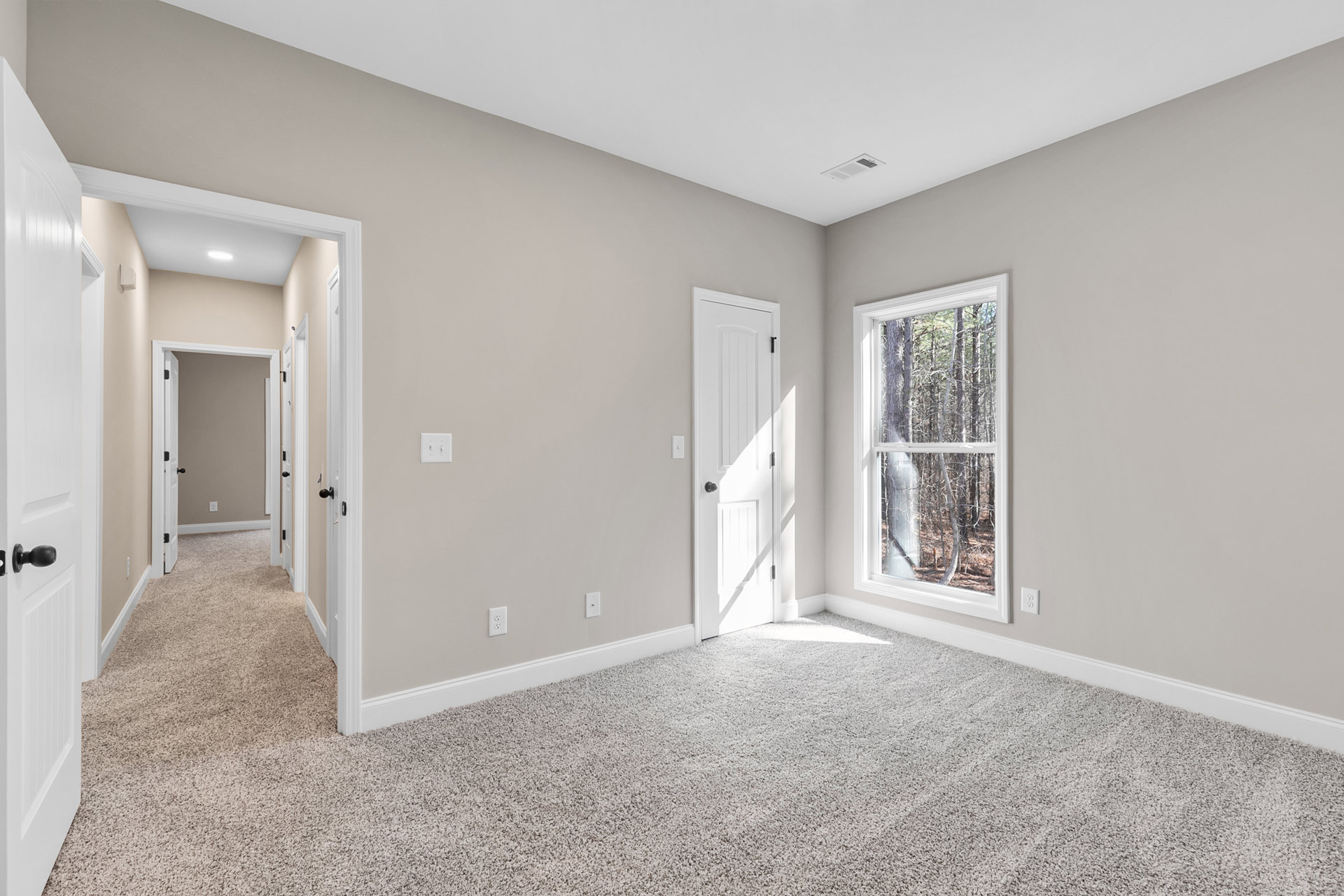 White-walled room with plush carpet, open white door featuring a black knob, large window overlooking trees, white ceiling with visible corner molding